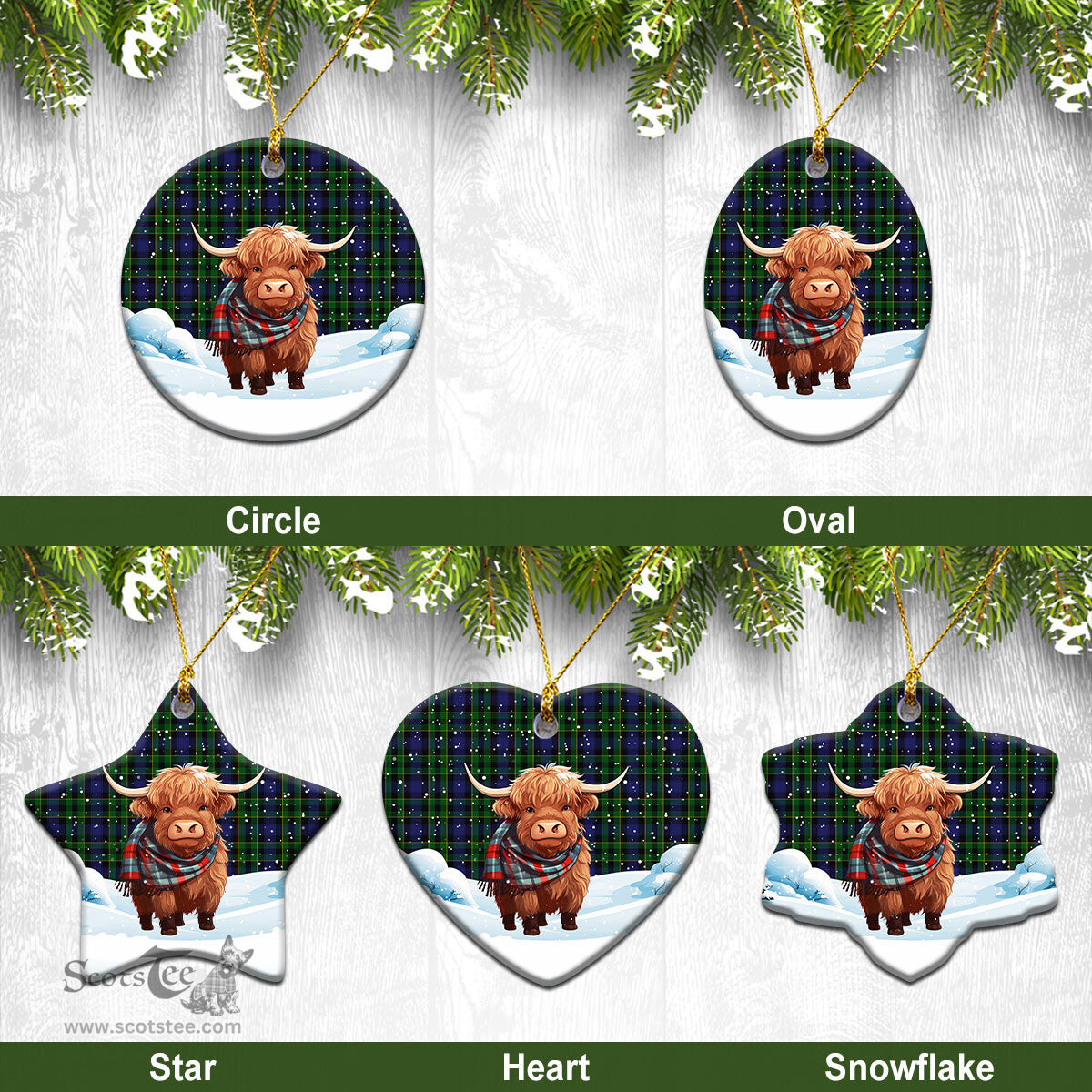 Scottish Mowat Modern Tartan Christmas Ceramic Ornament - Highland Cows Snow Style - Tartan Christmas Ornaments Scottish Plaid Tartan Plaid - ScotsTee - scotstee.com