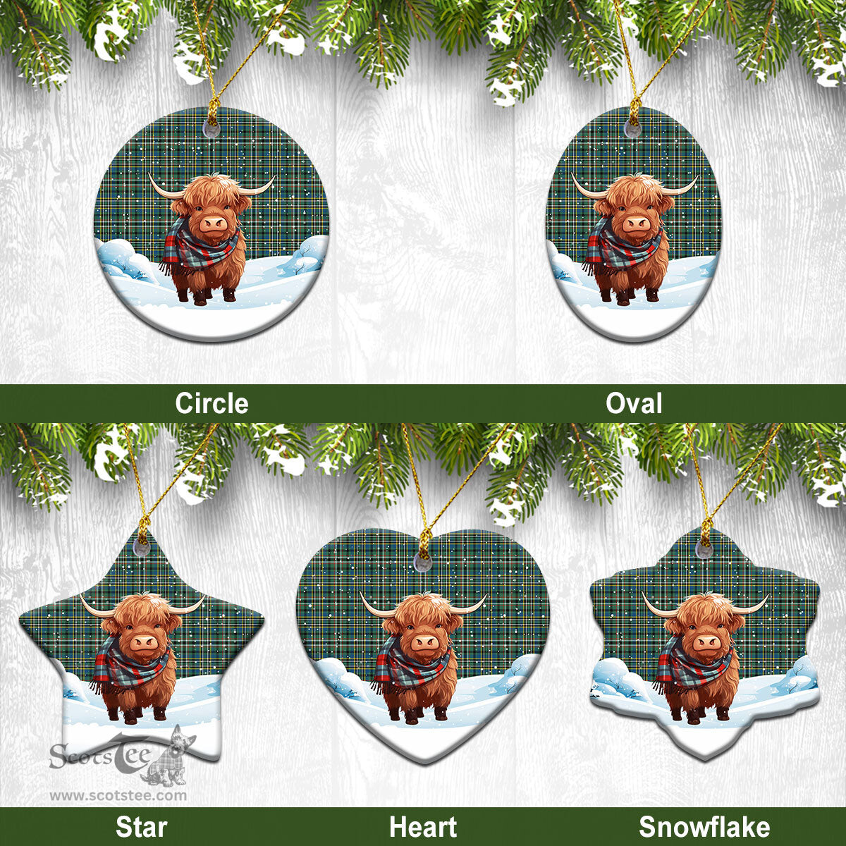 Scottish Scott Green Ancient Tartan Christmas Ceramic Ornament - Highland Cows Snow Style - Tartan Christmas Ornaments Scottish Plaid Tartan Plaid - ScotsTee - scotstee.com