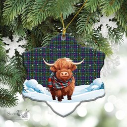 Scottish Wood Tartan Christmas Ceramic Ornament - Highland Cows Snow Style - Tartan Christmas Ornaments Scottish Plaid Tartan Plaid - ScotsTee - scotstee.com