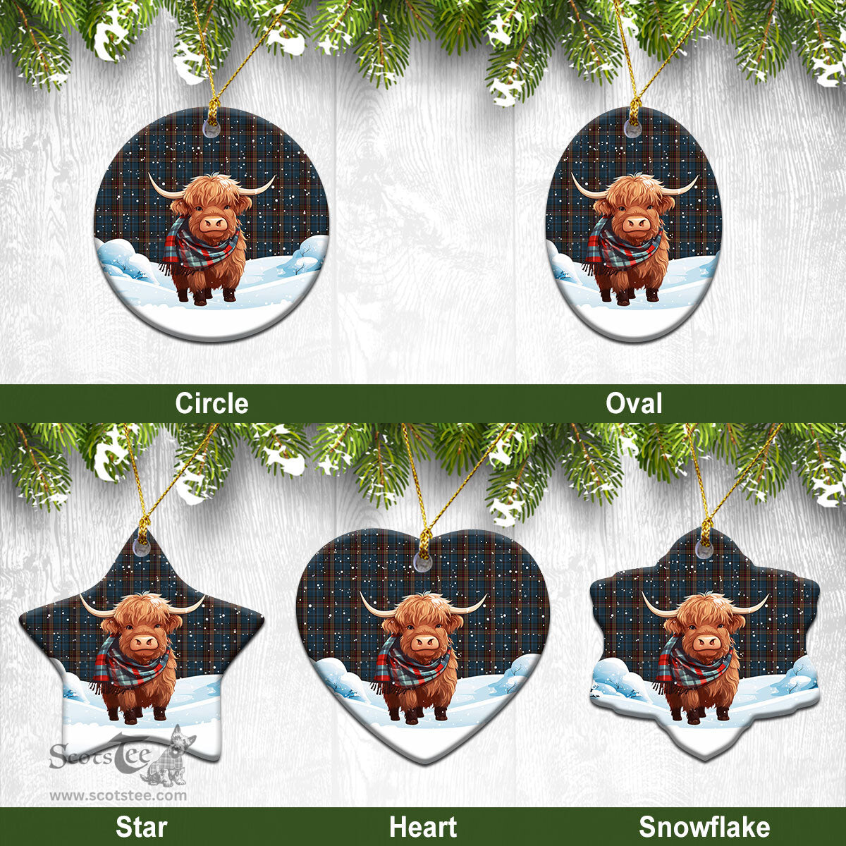 Scottish Renton Tartan Christmas Ceramic Ornament - Highland Cows Snow Style - Tartan Christmas Ornaments Scottish Plaid Tartan Plaid - ScotsTee - scotstee.com