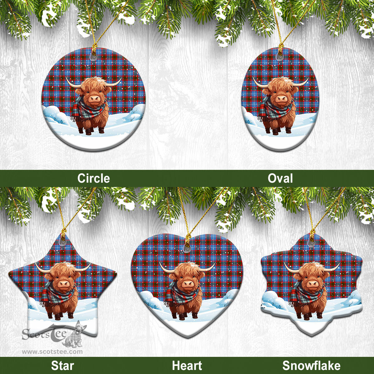 Scottish Spalding Tartan Christmas Ceramic Ornament - Highland Cows Snow Style - Tartan Christmas Ornaments Scottish Plaid Tartan Plaid - ScotsTee - scotstee.com