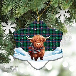 Scottish Urquhart Broad Red Ancient Tartan Christmas Ceramic Ornament - Highland Cows Snow Style - Tartan Christmas Ornaments Scottish Plaid Tartan Plaid - ScotsTee - scotstee.com
