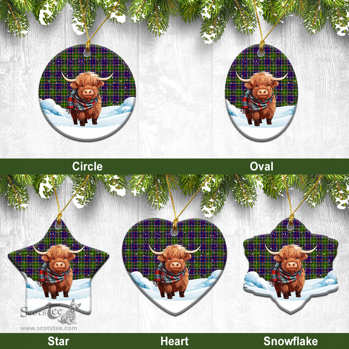Scottish Whitelaw Tartan Christmas Ceramic Ornament - Highland Cows Snow Style - Tartan Christmas Ornaments Scottish Plaid Tartan Plaid - ScotsTee - scotstee.com