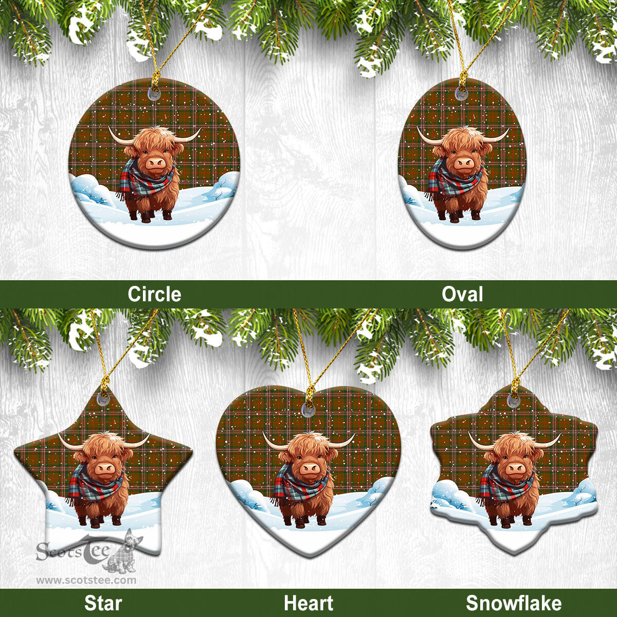Scottish Scott Brown Modern Tartan Christmas Ceramic Ornament - Highland Cows Snow Style - Tartan Christmas Ornaments Scottish Plaid Tartan Plaid - ScotsTee - scotstee.com