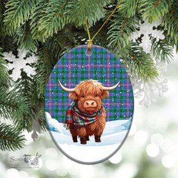 Scottish Pitcairn Hunting Tartan Christmas Ceramic Ornament - Highland Cows Snow Style - Tartan Christmas Ornaments Scottish Plaid Tartan Plaid - ScotsTee - scotstee.com
