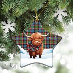 Scottish Norvel (or Norvill) Tartan Christmas Ceramic Ornament - Highland Cows Snow Style - Tartan Christmas Ornaments Scottish Plaid Tartan Plaid - ScotsTee - scotstee.com
