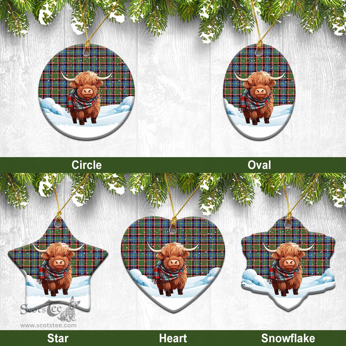 Scottish Norvel (or Norvill) Tartan Christmas Ceramic Ornament - Highland Cows Snow Style - Tartan Christmas Ornaments Scottish Plaid Tartan Plaid - ScotsTee - scotstee.com