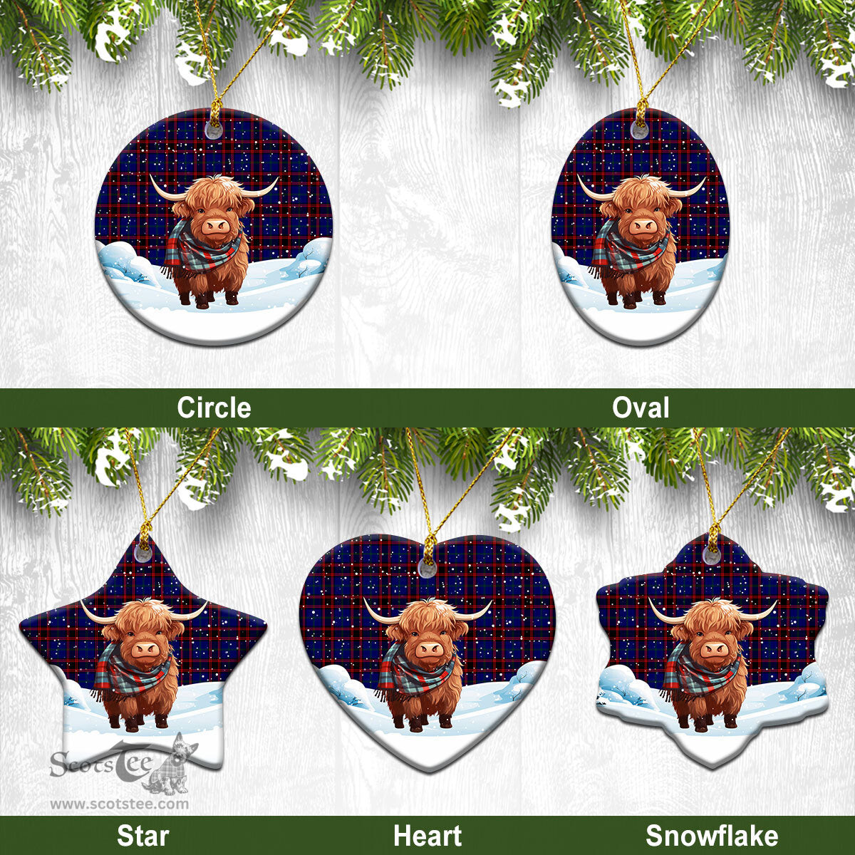 Scottish Wedderburn Tartan Christmas Ceramic Ornament - Highland Cows Snow Style - Tartan Christmas Ornaments Scottish Plaid Tartan Plaid - ScotsTee - scotstee.com