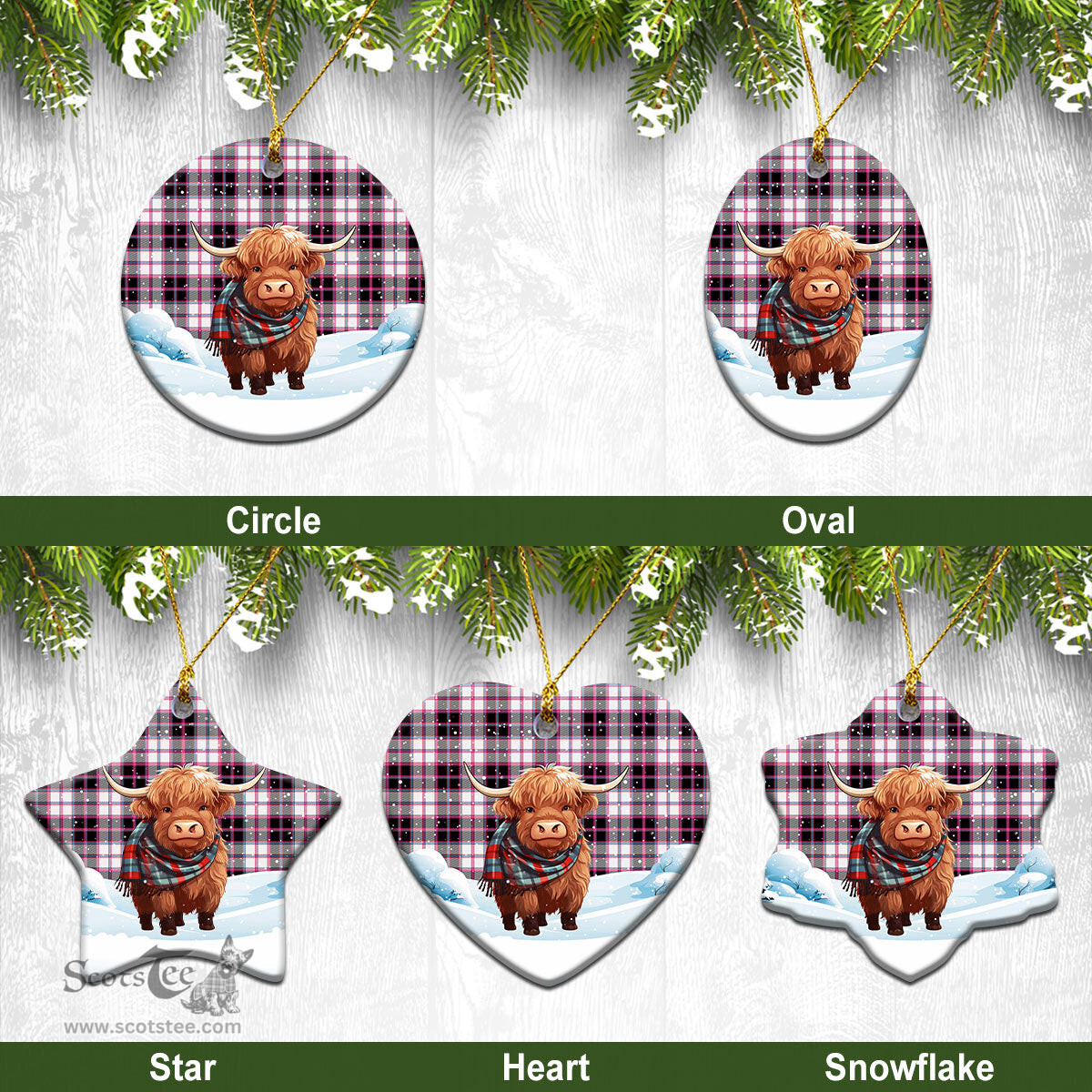 Scottish McPherson Hunting Modern Tartan Christmas Ceramic Ornament - Highland Cows Snow Style - Tartan Christmas Ornaments Scottish Plaid Tartan Plaid - ScotsTee - scotstee.com