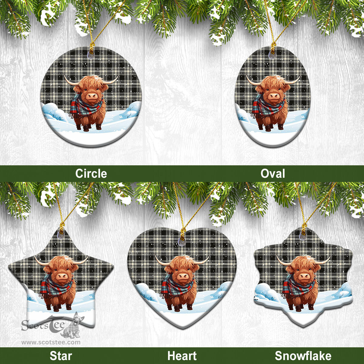 Scottish Menzies Black - White Ancient Tartan Christmas Ceramic Ornament - Highland Cows Snow Style - Tartan Christmas Ornaments Scottish Plaid Tartan Plaid - ScotsTee - scotstee.com