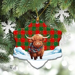Scottish Moncreiffe (or Moncreiff) Tartan Christmas Ceramic Ornament - Highland Cows Snow Style - Tartan Christmas Ornaments Scottish Plaid Tartan Plaid - ScotsTee - scotstee.com