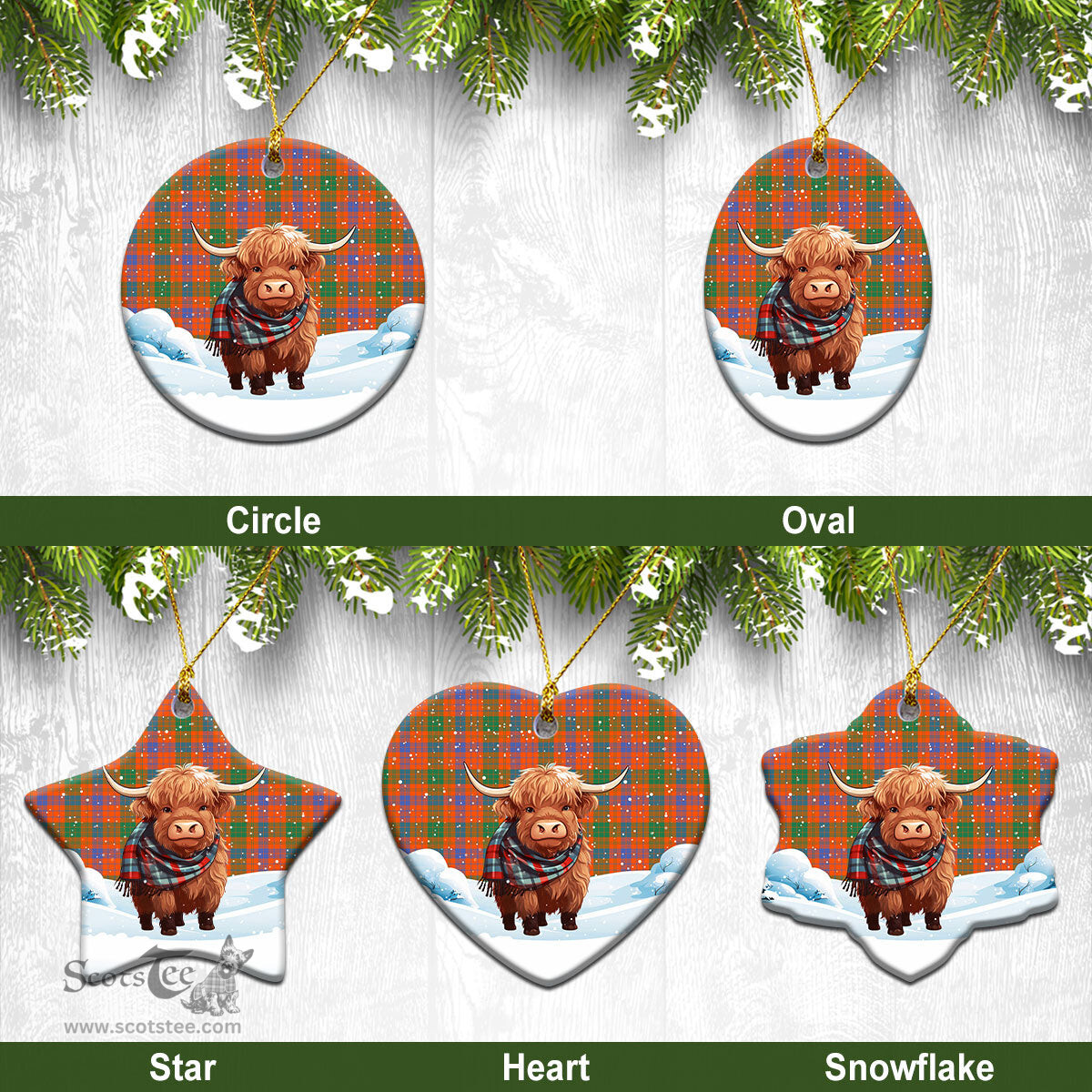 Scottish Ross Ancient Tartan Christmas Ceramic Ornament - Highland Cows Snow Style - Tartan Christmas Ornaments Scottish Plaid Tartan Plaid - ScotsTee - scotstee.com