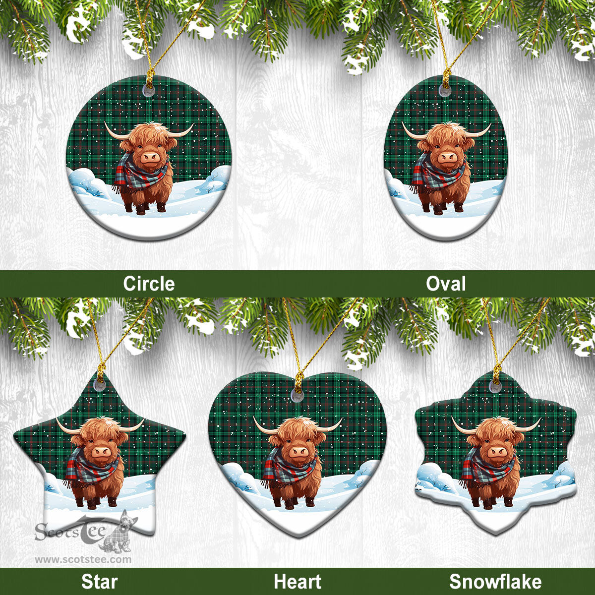Scottish Ross Hunting Modern Tartan Christmas Ceramic Ornament - Highland Cows Snow Style - Tartan Christmas Ornaments Scottish Plaid Tartan Plaid - ScotsTee - scotstee.com