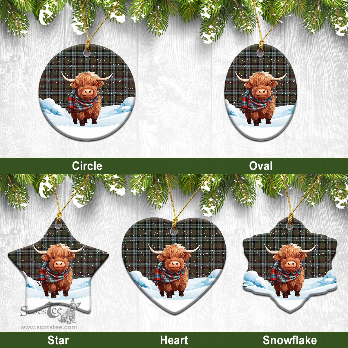 Scottish Stewart Old Weathered Tartan Christmas Ceramic Ornament - Highland Cows Snow Style - Tartan Christmas Ornaments Scottish Plaid Tartan Plaid - ScotsTee - scotstee.com