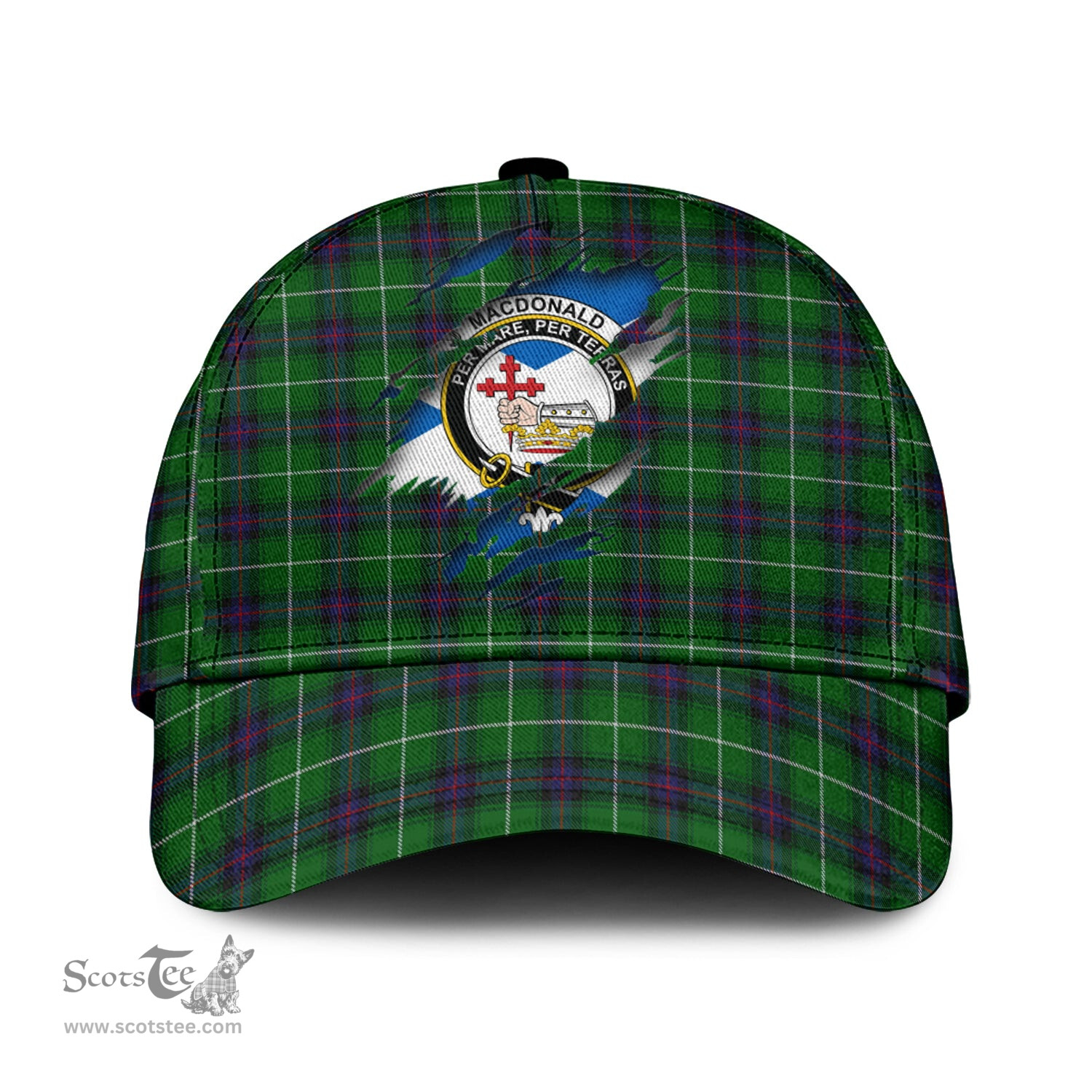 Scottish MacDonald of The Isles Family Crest In Me Style Tartan Cap ScotsTee Shop - Tartan Plaid - scotstee.com