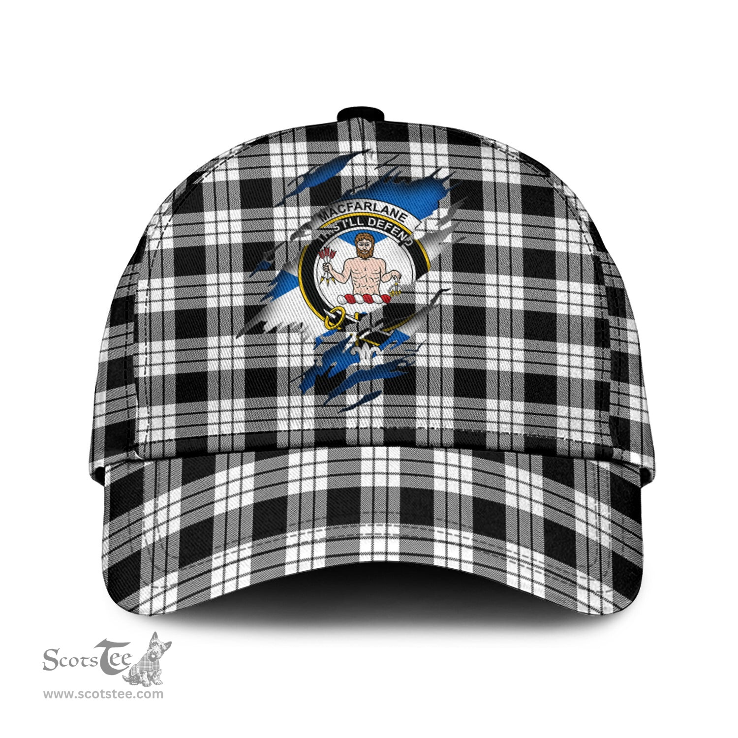 Scottish MacFarlane Black White Family Crest In Me Style Tartan Cap ScotsTee Shop - Tartan Plaid - scotstee.com