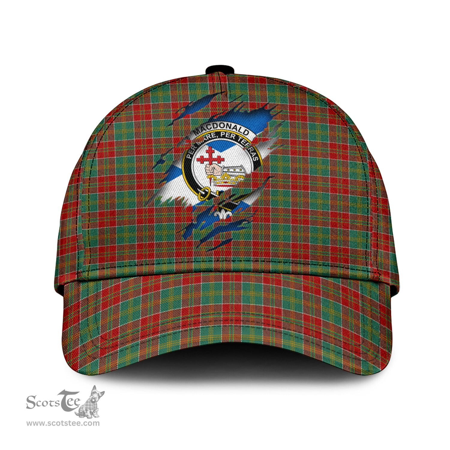 Scottish MacDonald of Kingsburgh Family Crest In Me Style Tartan Cap ScotsTee Shop - Tartan Plaid - scotstee.com