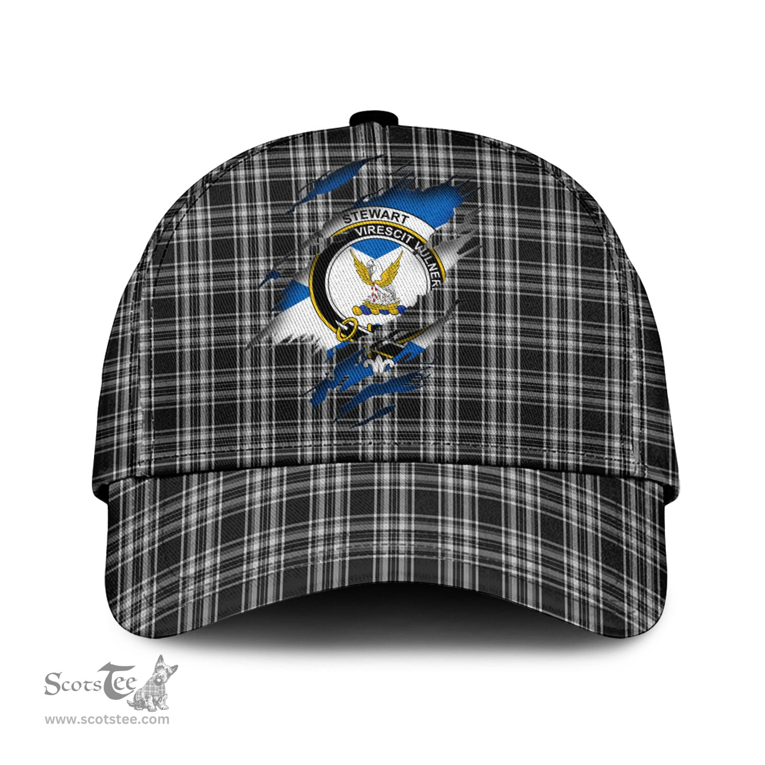 Scottish Stewart Black and White Family Crest In Me Style Tartan Cap ScotsTee Shop - Tartan Plaid - scotstee.com