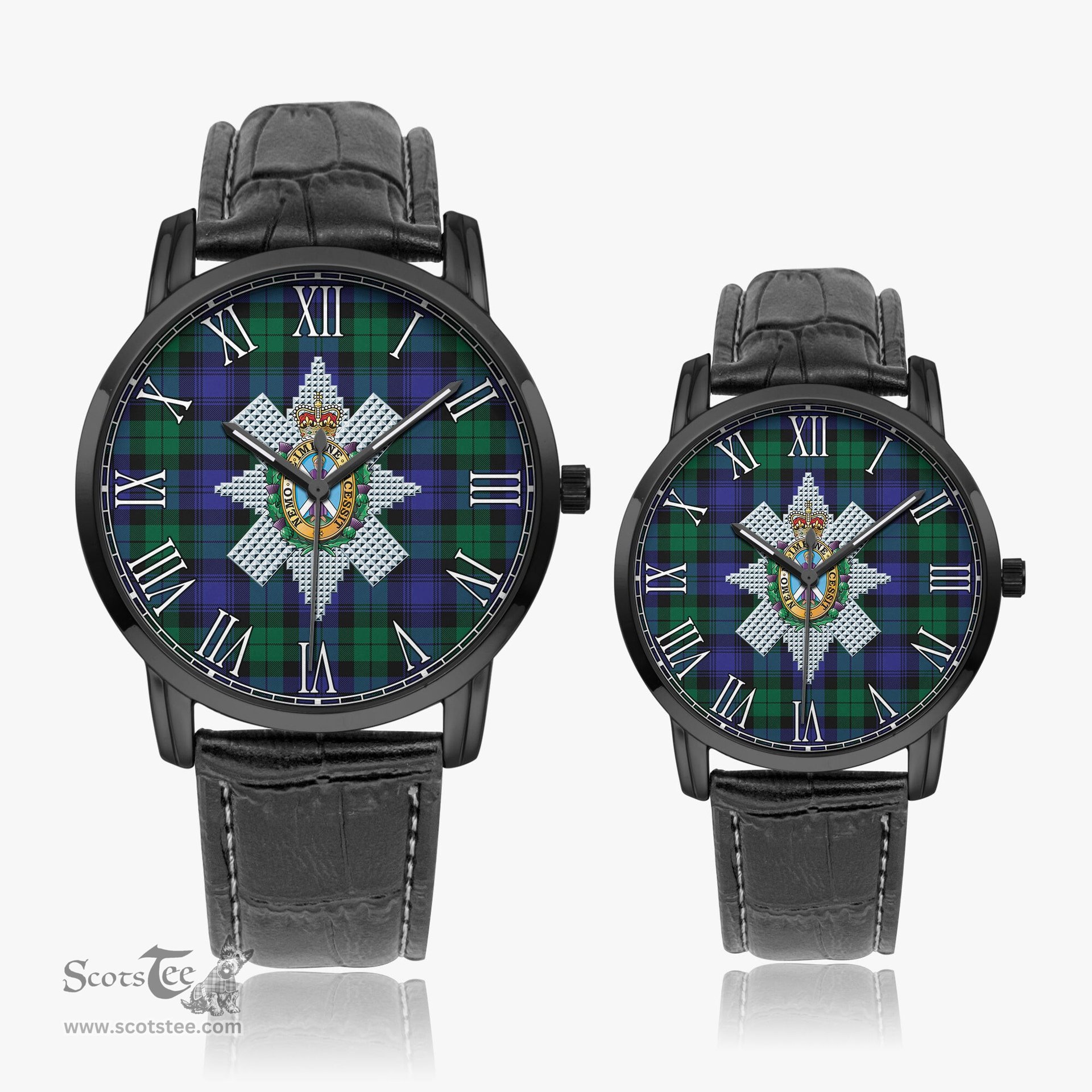 Scottish Black Watch Modern Family Crest Quartz Watch With Leather Strap - Tartan Watch Instafamous Quartz Leather Strap Plaid Watch Scottish Plaid Tartan Plaid - ScotsTee - scotstee.com