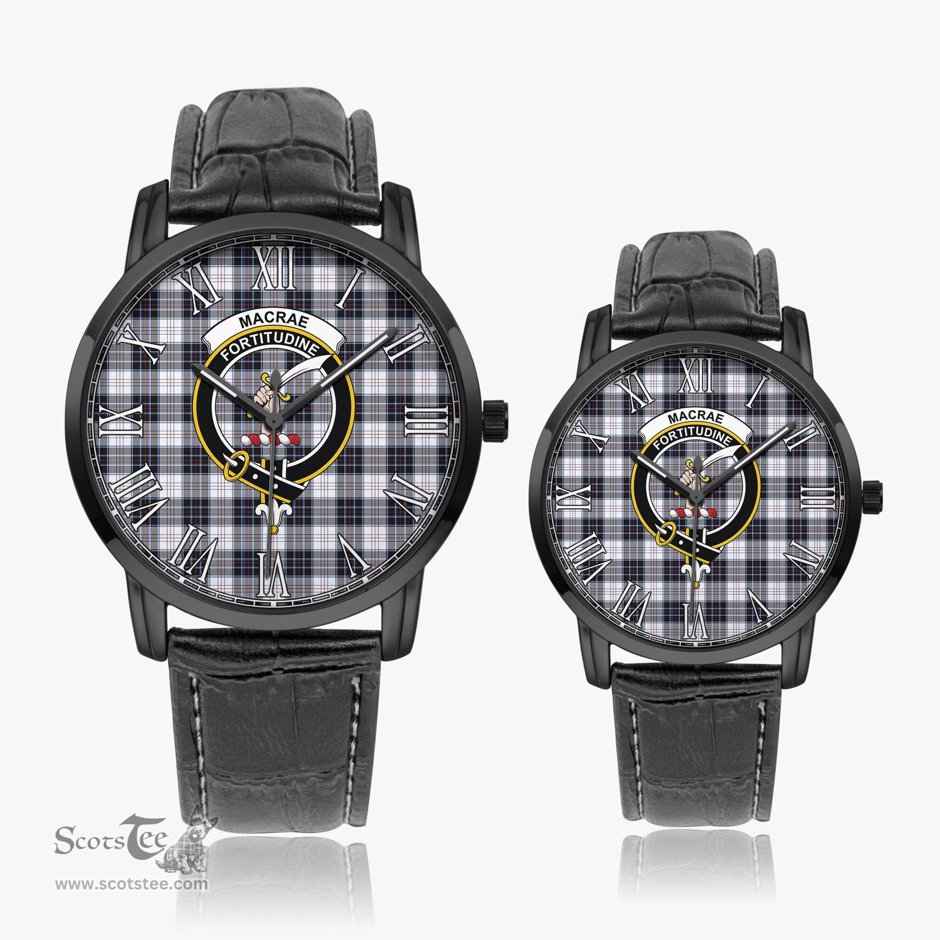 Scottish MacRae Dress Modern Family Crest Quartz Watch With Leather Strap - Tartan Watch Instafamous Quartz Leather Strap Plaid Watch Scottish Plaid Tartan Plaid - ScotsTee - scotstee.com