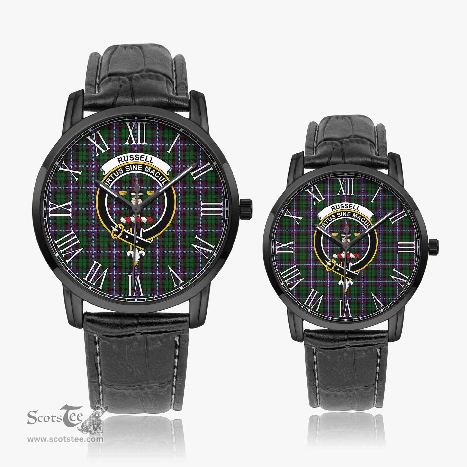 Scottish Russell Family Crest Quartz Watch With Leather Strap - Tartan Watch Instafamous Quartz Leather Strap Plaid Watch Scottish Plaid Tartan Plaid - ScotsTee - scotstee.com