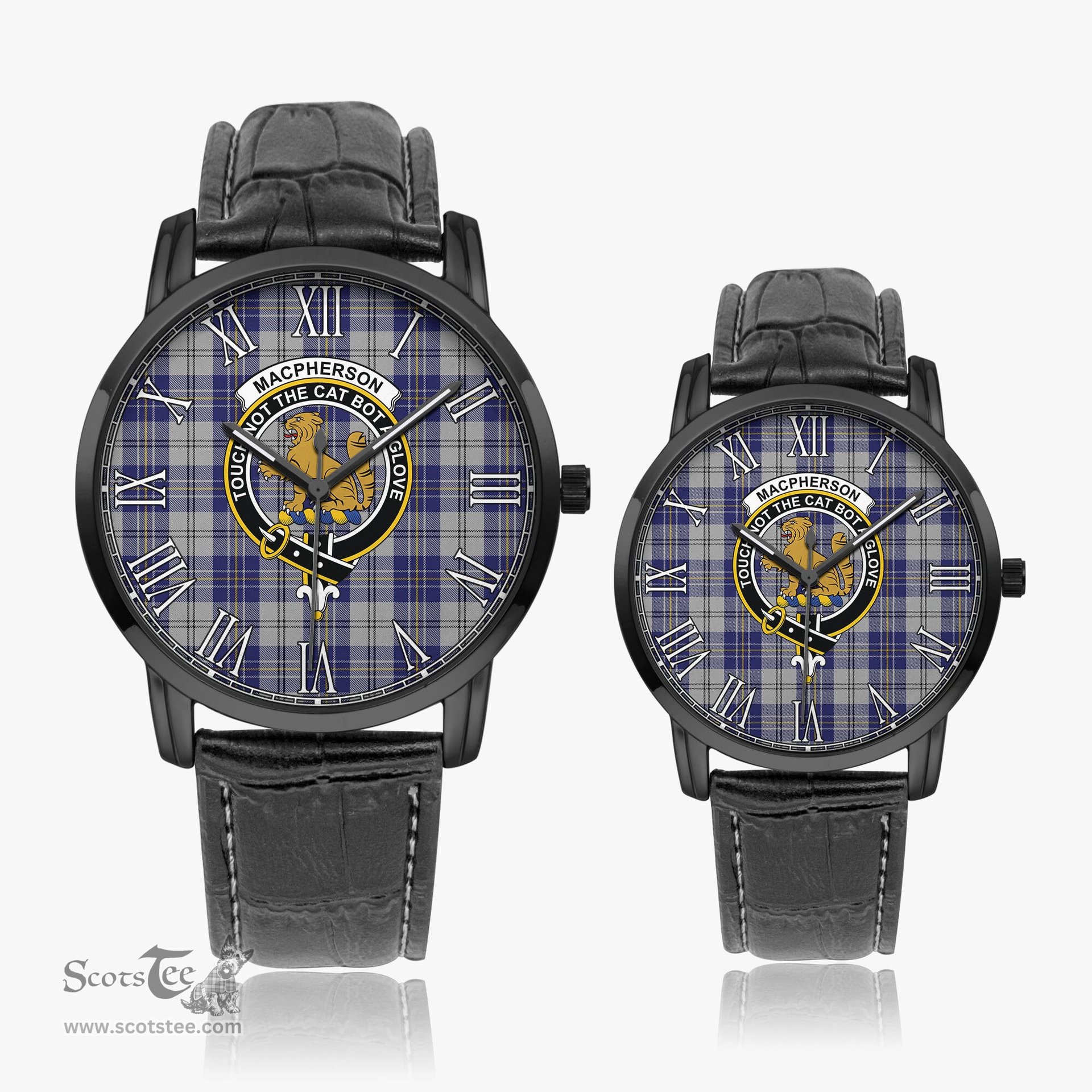 Scottish MacPherson Dress Blue Family Crest Quartz Watch With Leather Strap - Tartan Watch Instafamous Quartz Leather Strap Plaid Watch Scottish Plaid Tartan Plaid - ScotsTee - scotstee.com