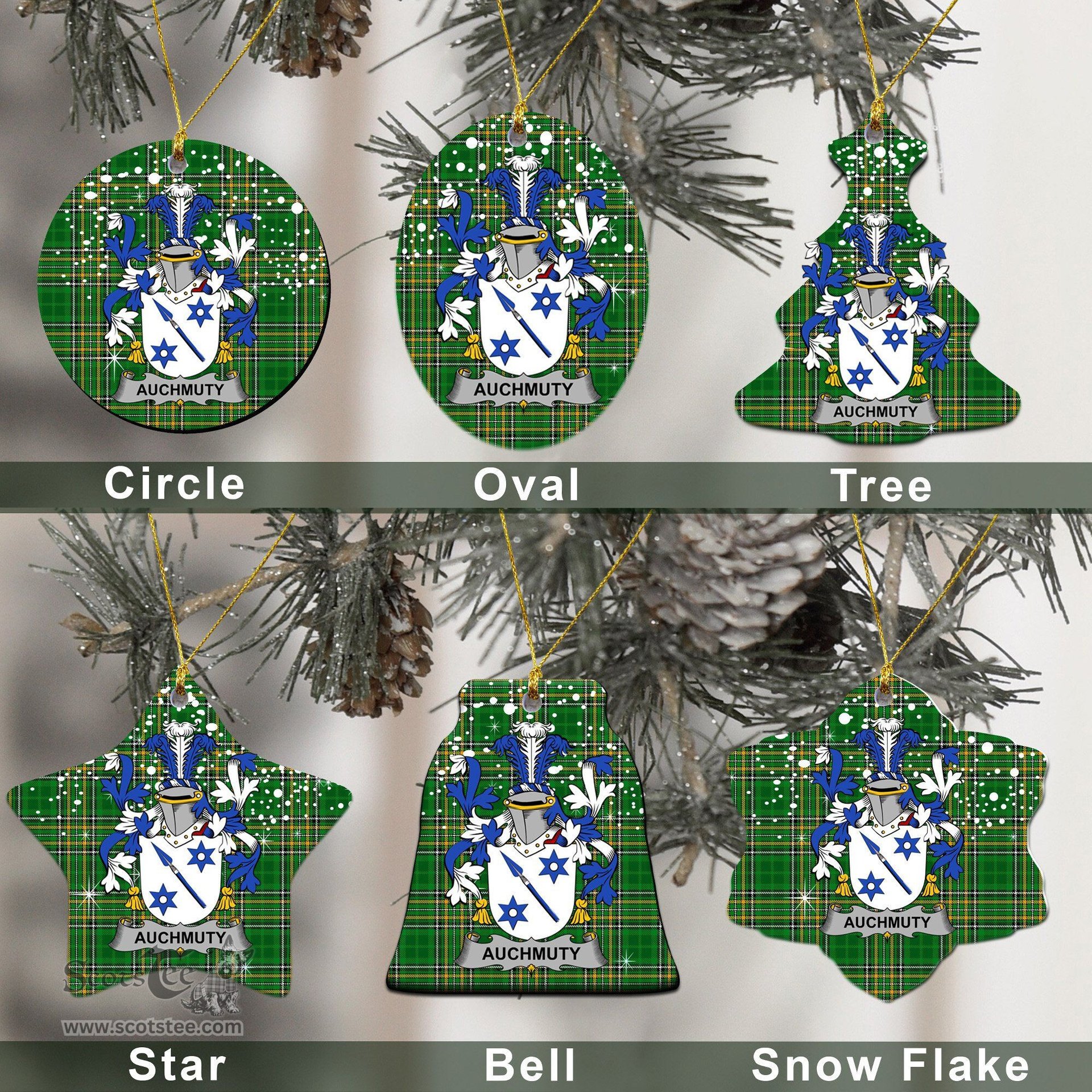 Irish Auchmuty Family Crest Ireland National Tartan Christmas Ornament Shop Now at ScotsTee.com