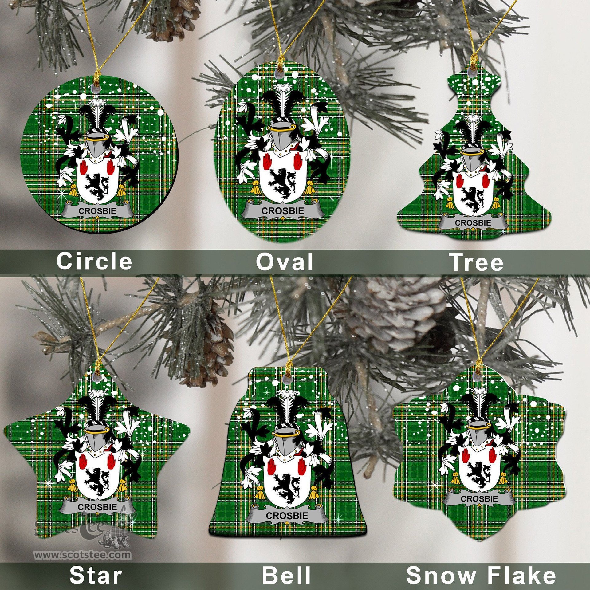 Irish Crosbie or McCrossan Family Crest Ireland National Tartan Christmas Ornament Shop Now at ScotsTee.com