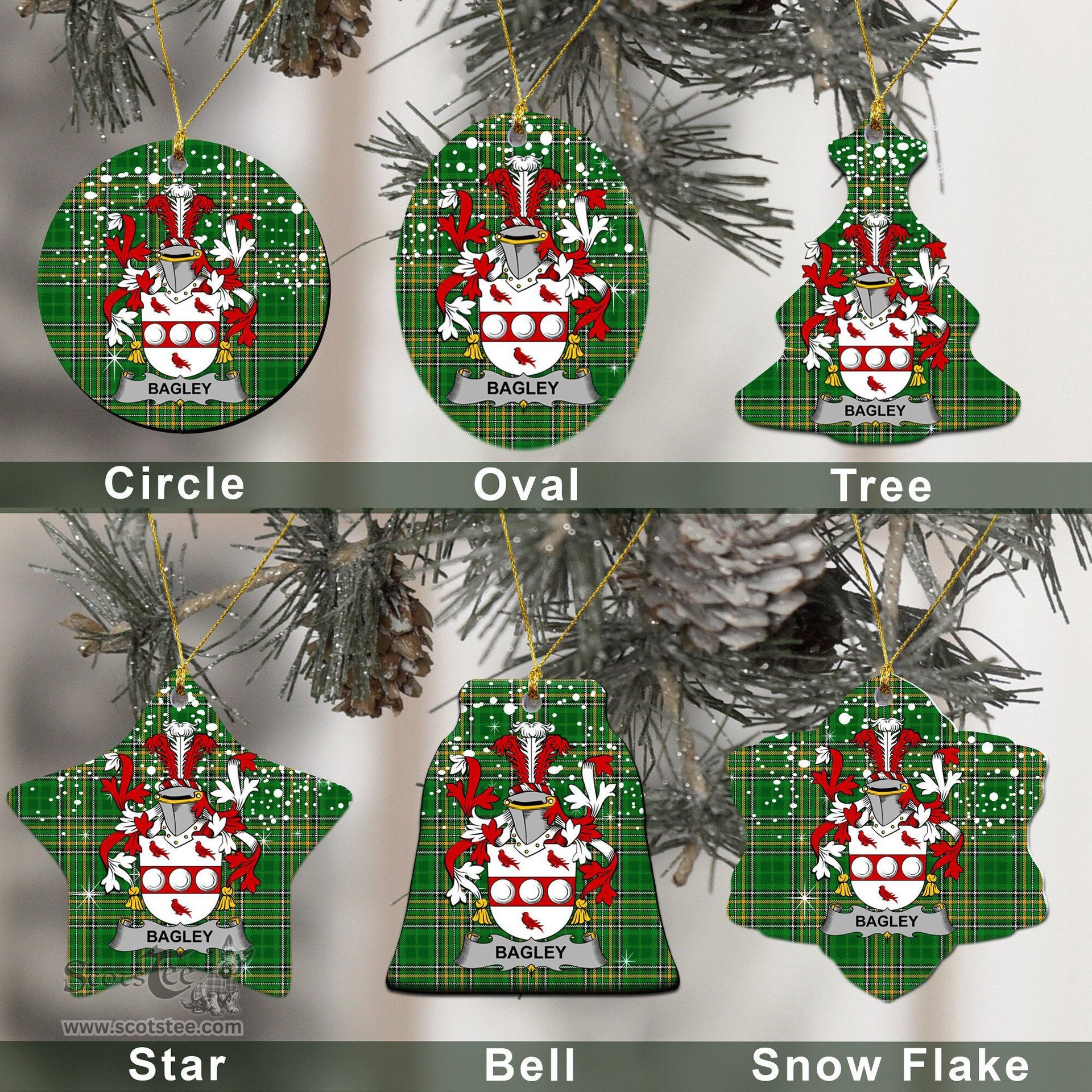 Irish Bagley or Begley Family Crest Ireland National Tartan Christmas Ornament Shop Now at ScotsTee.com