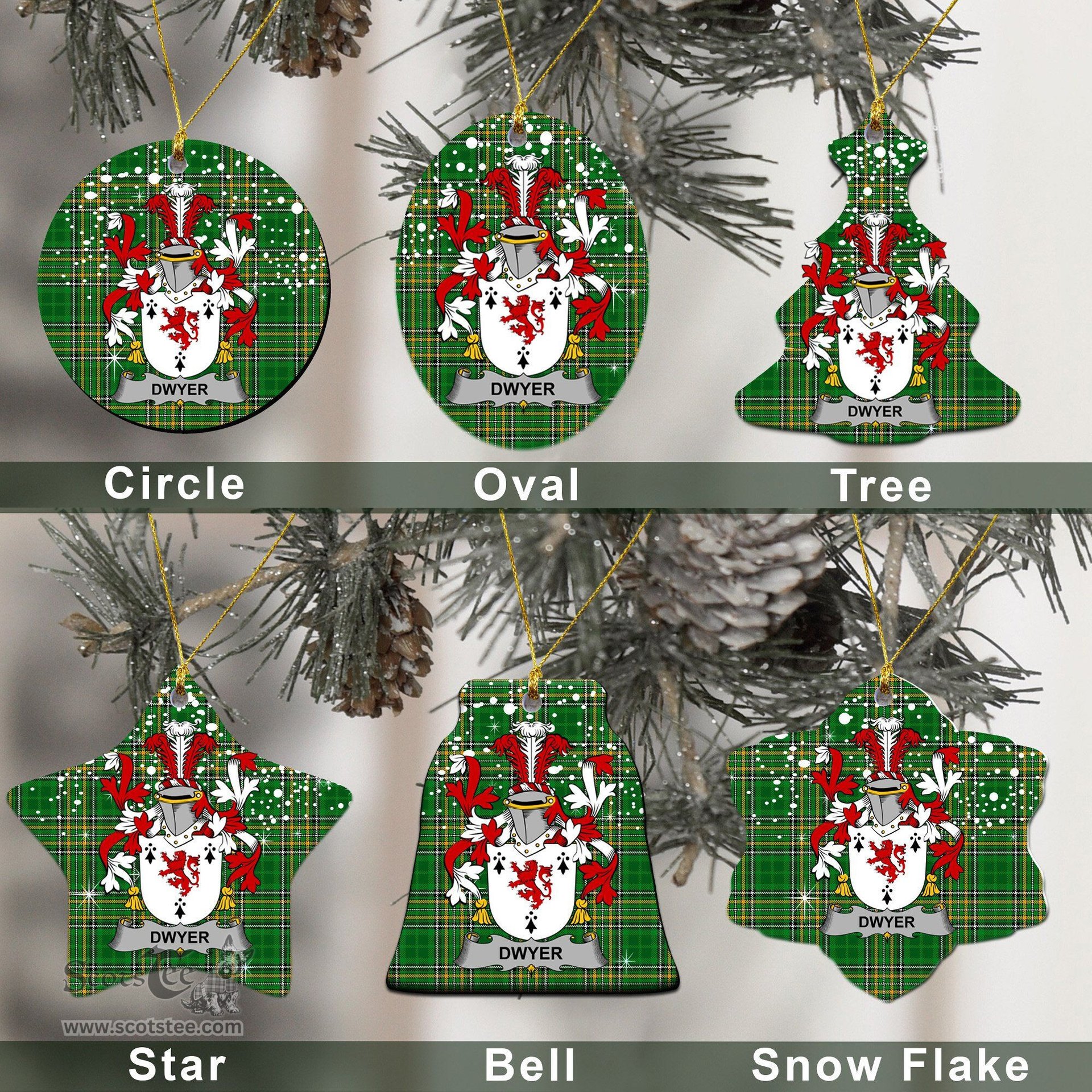 Irish Dwyer or O'Dwyer Family Crest Ireland National Tartan Christmas Ornament Shop Now at ScotsTee.com
