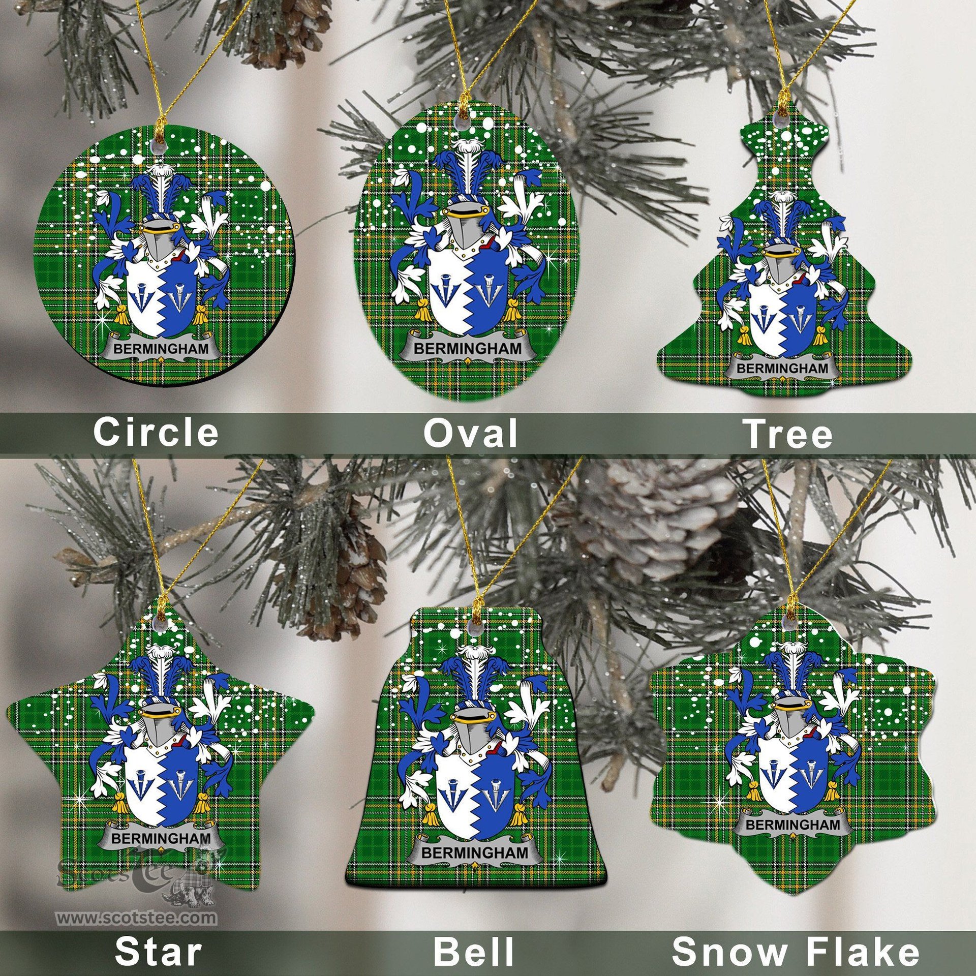 Irish Bermingham Family Crest Ireland National Tartan Christmas Ornament Shop Now at ScotsTee.com