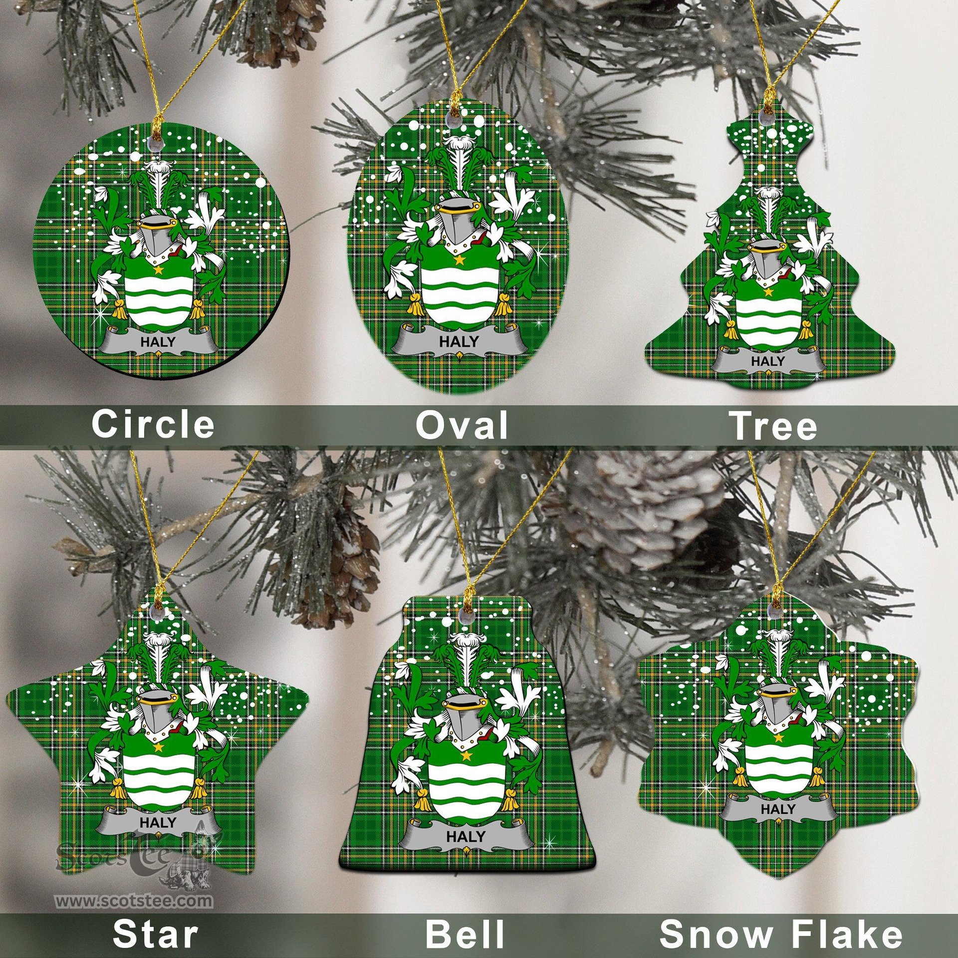 Irish Haly or O'Haly Family Crest Ireland National Tartan Christmas Ornament Shop Now at ScotsTee.com