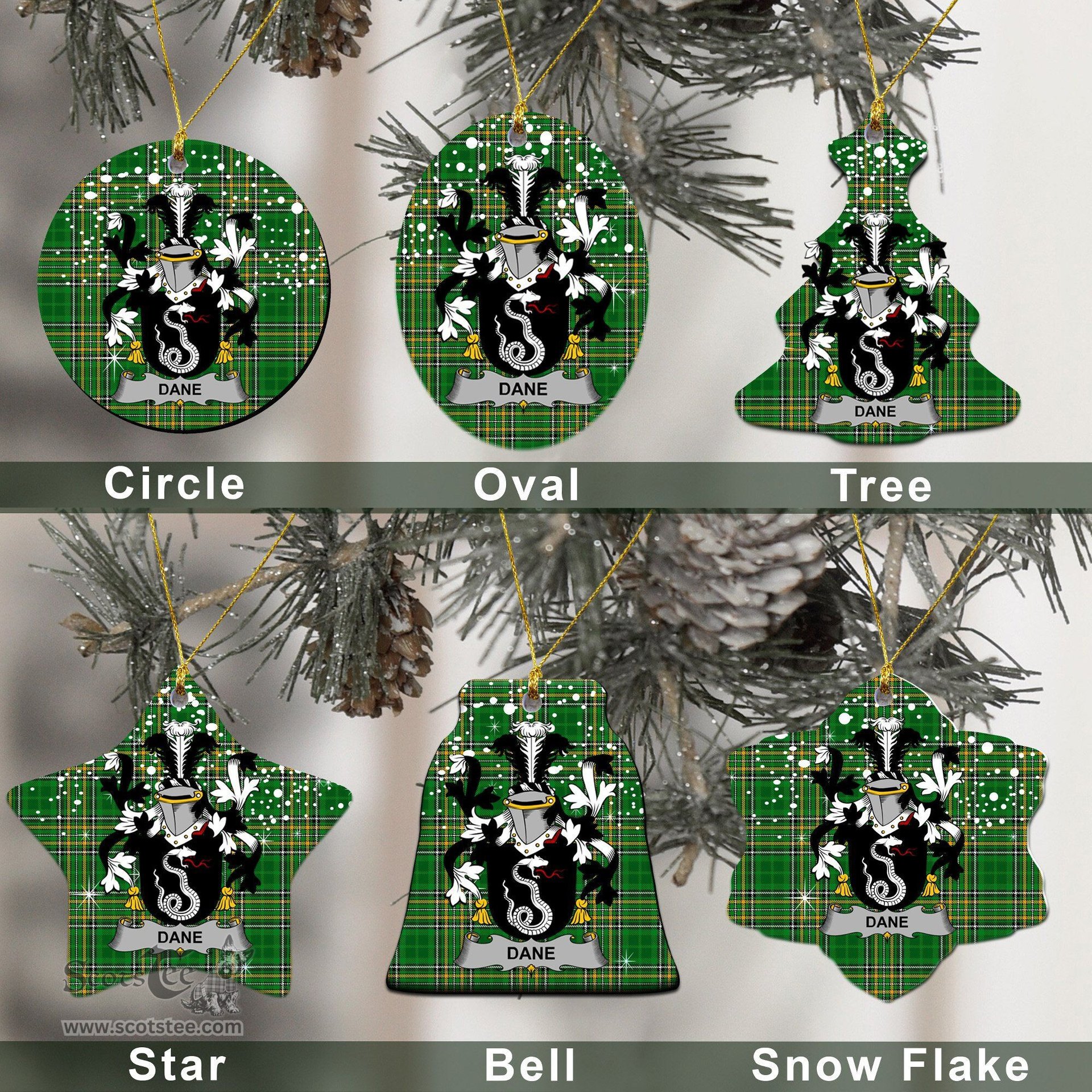Irish Dane or O'Dane Family Crest Ireland National Tartan Christmas Ornament Shop Now at ScotsTee.com