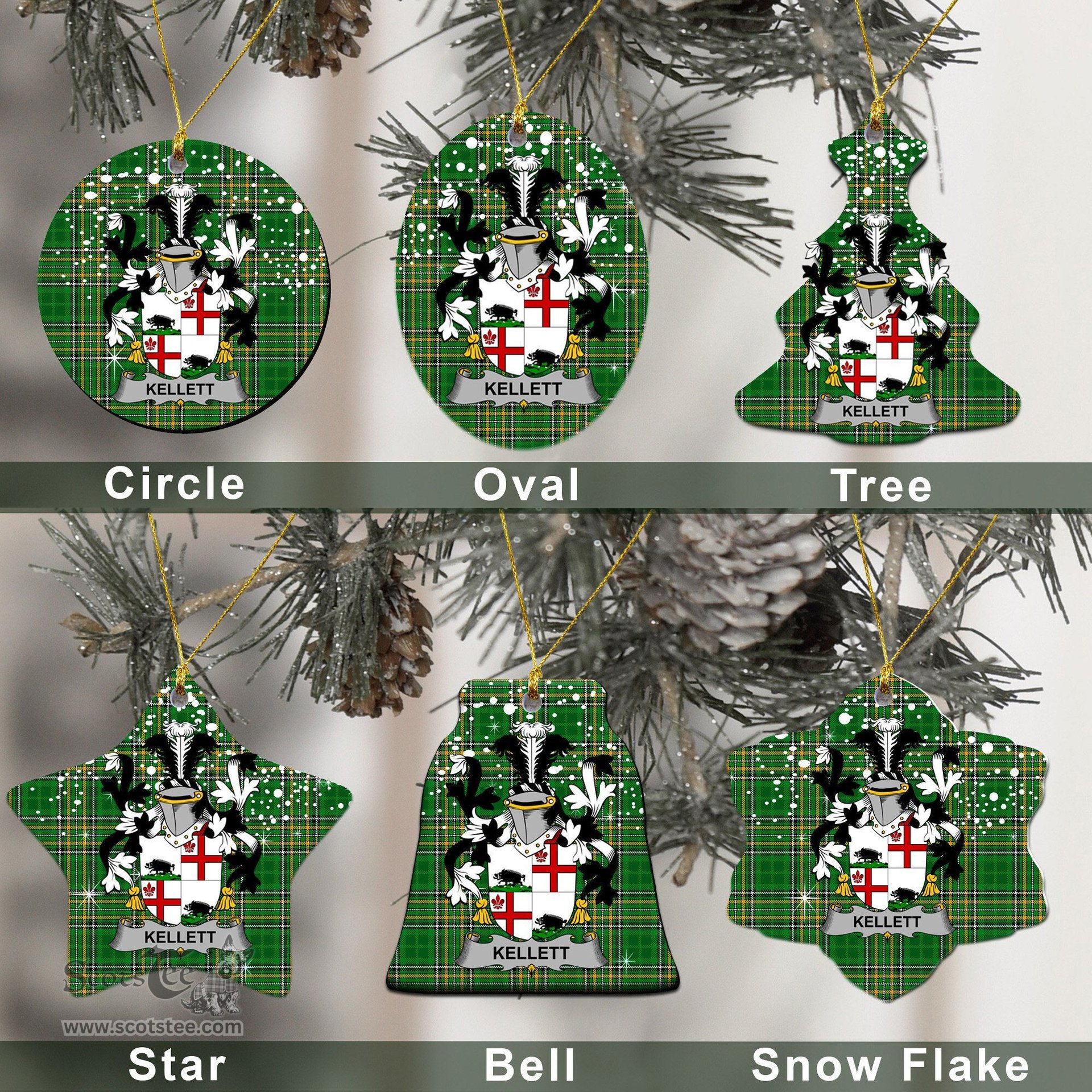 Irish Kellett Family Crest Ireland National Tartan Christmas Ornament Shop Now at ScotsTee.com