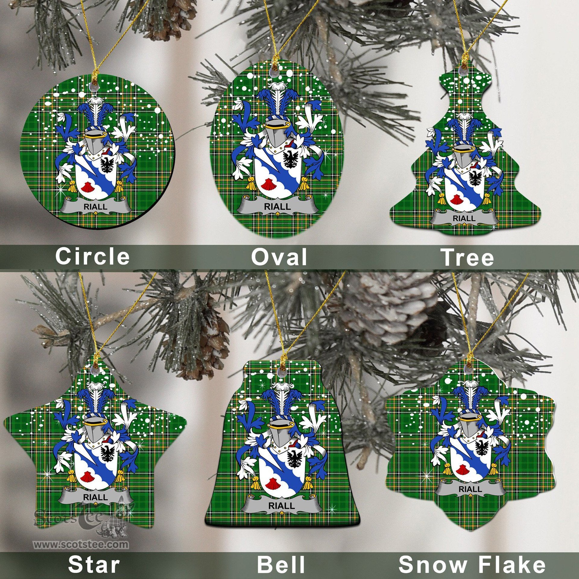 Irish Riall or Ryle Family Crest Ireland National Tartan Christmas Ornament Shop Now at ScotsTee.com
