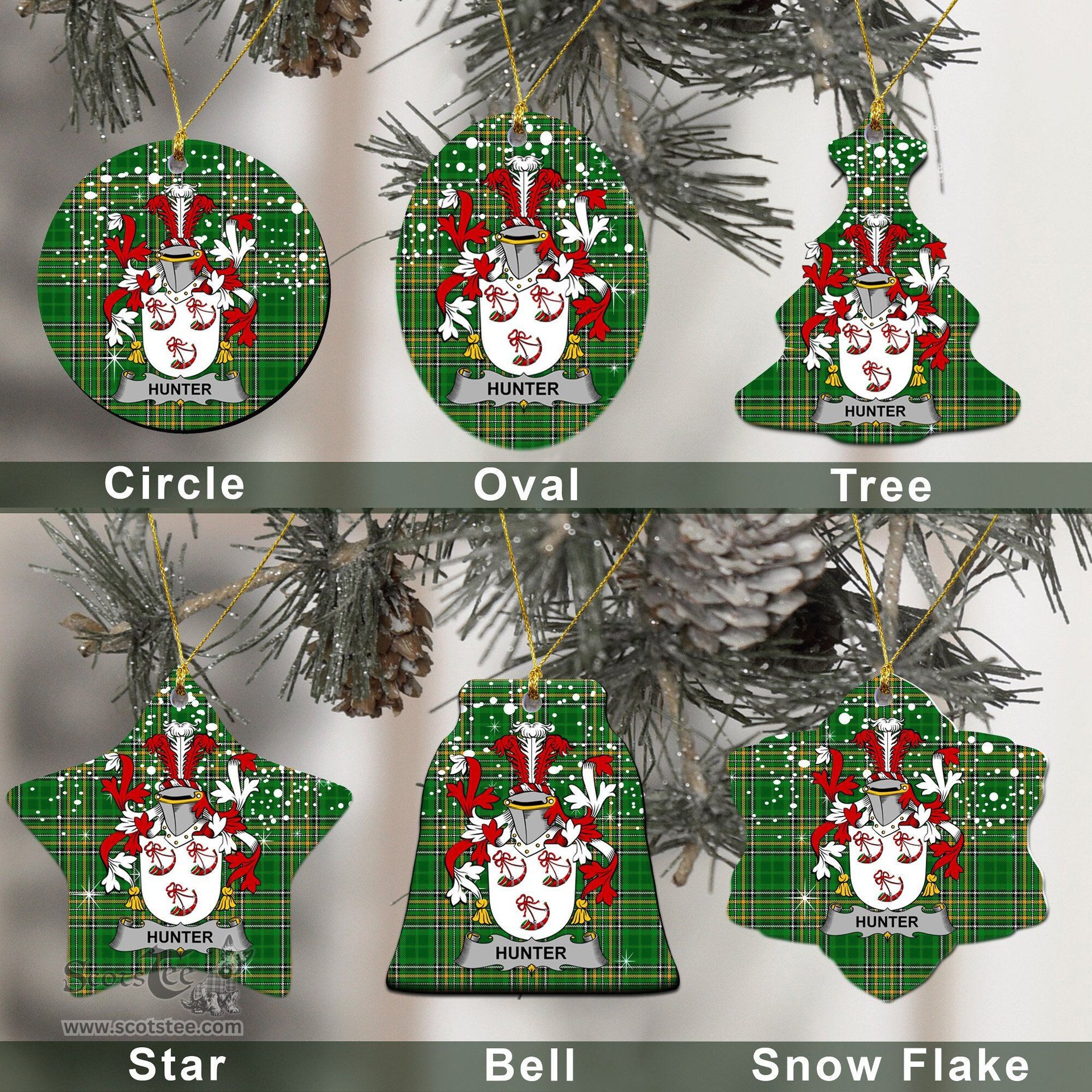 Irish Hunter Family Crest Ireland National Tartan Christmas Ornament Shop Now at ScotsTee.com