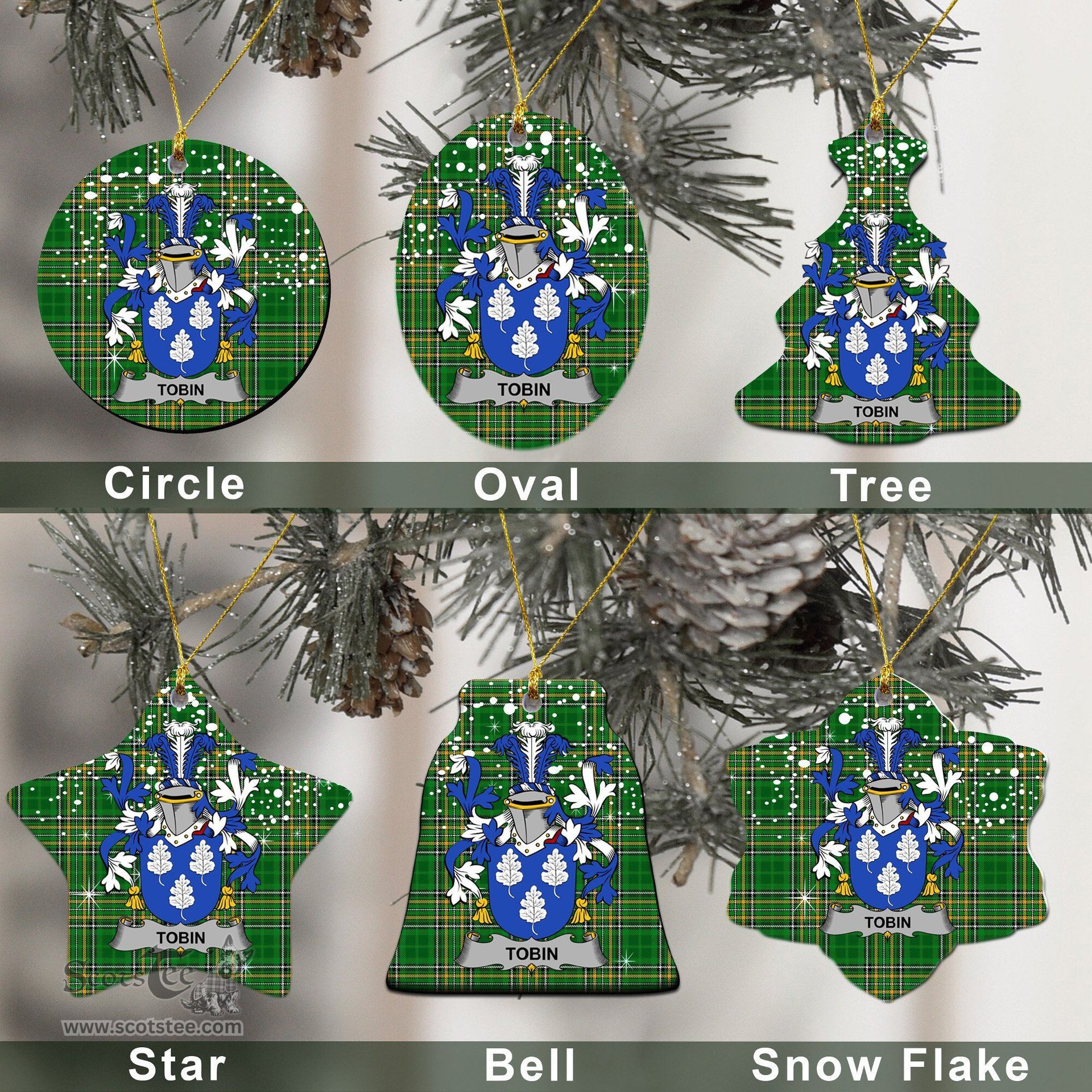 Irish Tobin Family Crest Ireland National Tartan Christmas Ornament Shop Now at ScotsTee.com
