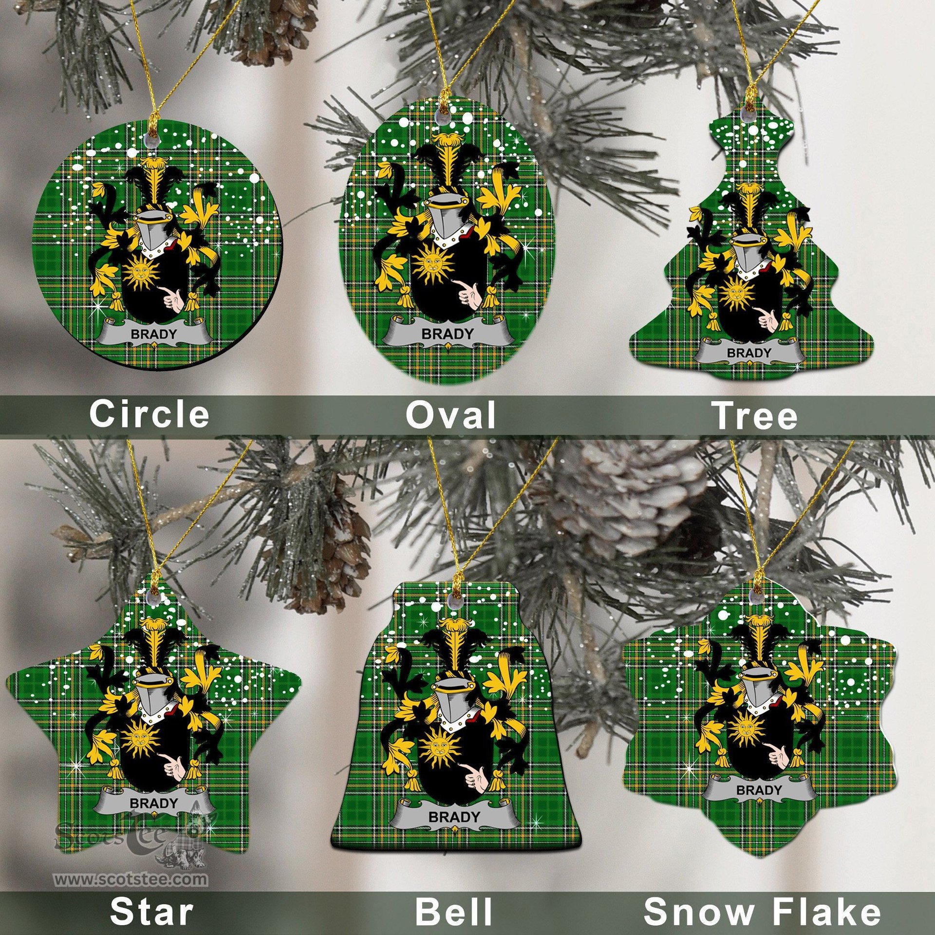 Irish Brady or McBrady Family Crest Ireland National Tartan Christmas Ornament Shop Now at ScotsTee.com