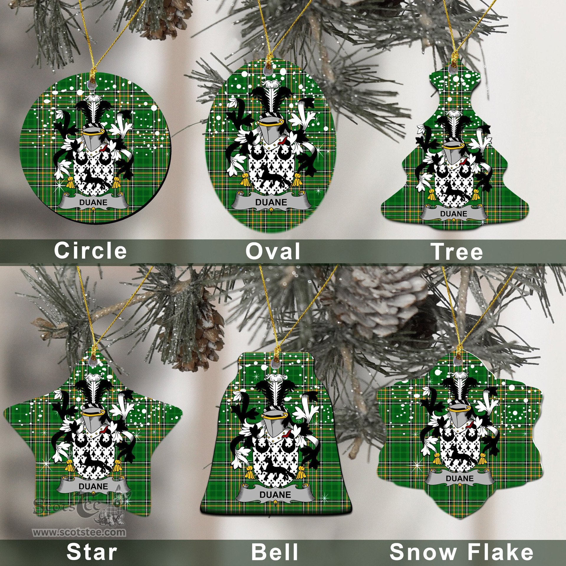 Irish Duane or O'Devine Family Crest Ireland National Tartan Christmas Ornament Shop Now at ScotsTee.com