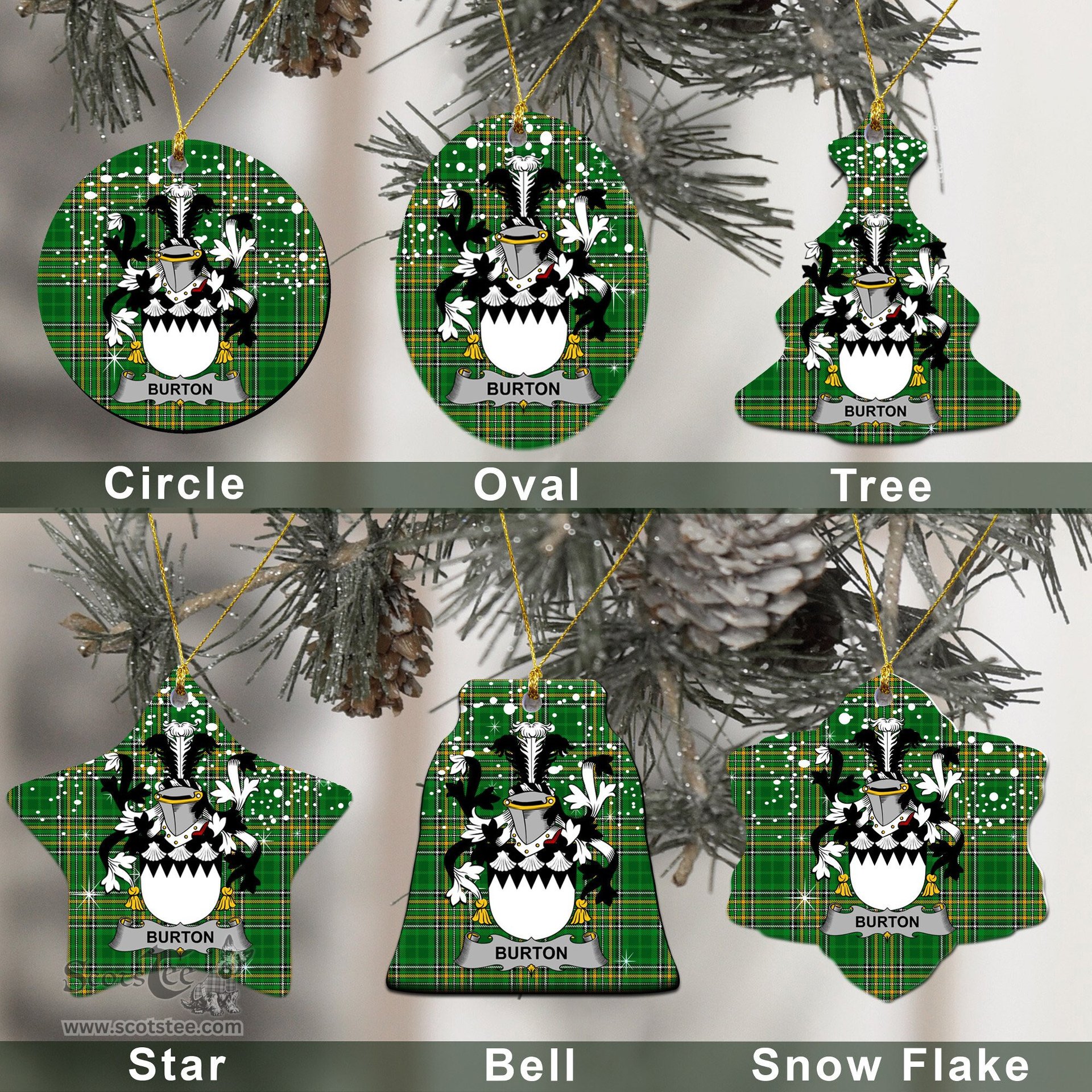 Irish Burt or Birt Family Crest Ireland National Tartan Christmas Ornament Shop Now at ScotsTee.com