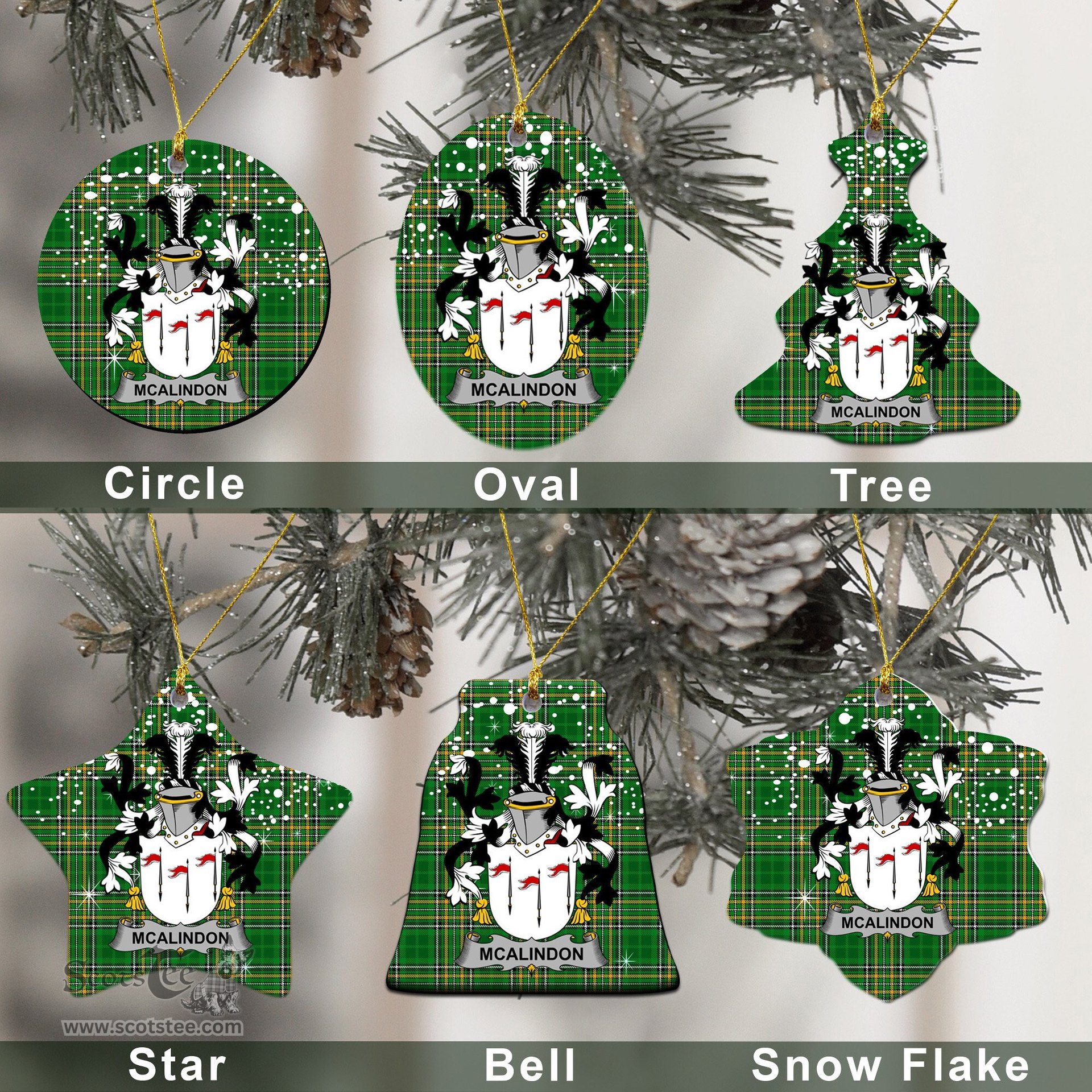Irish McAlindon or McAlindem Family Crest Ireland National Tartan Christmas Ornament Shop Now at ScotsTee.com