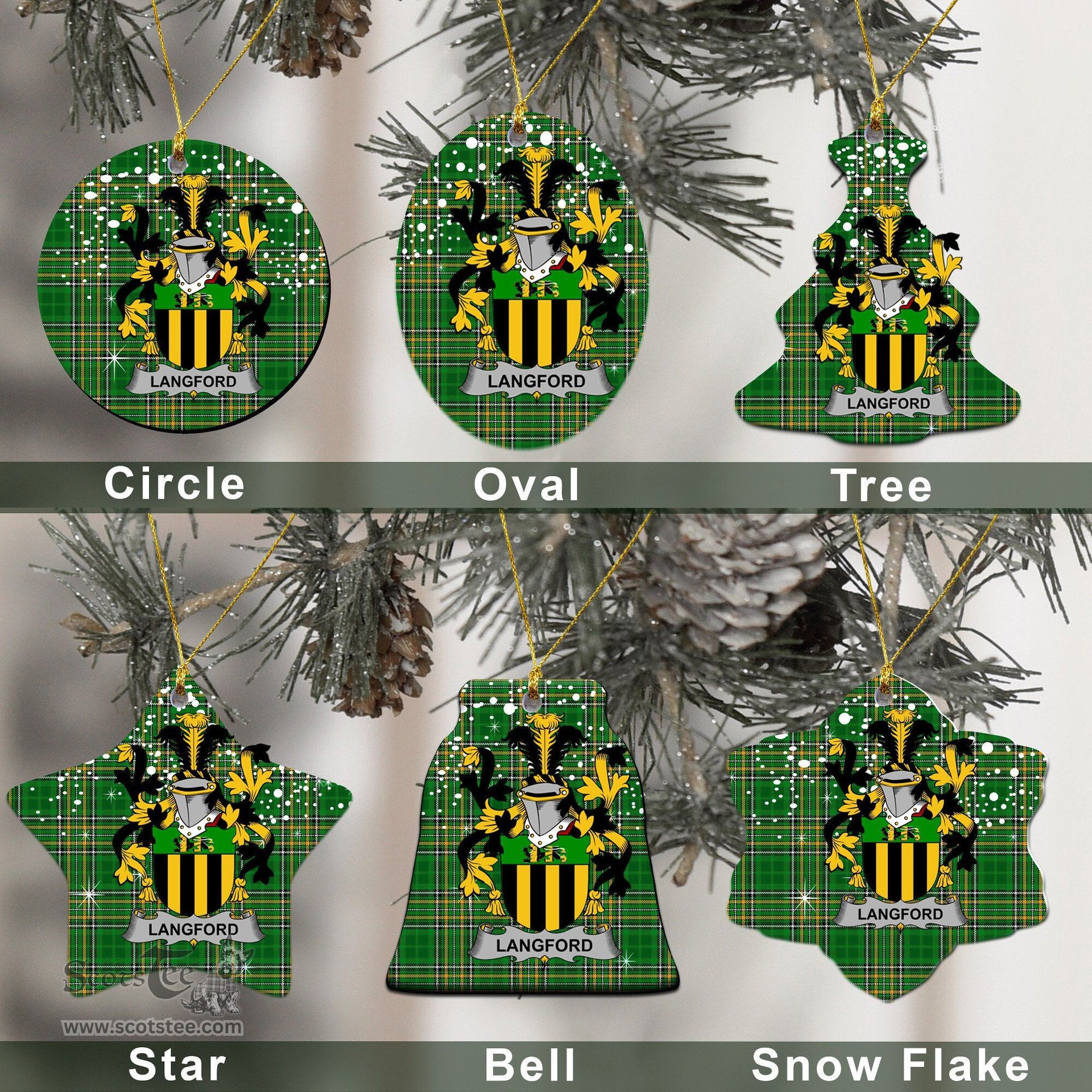 Irish Langford Family Crest Ireland National Tartan Christmas Ornament Shop Now at ScotsTee.com