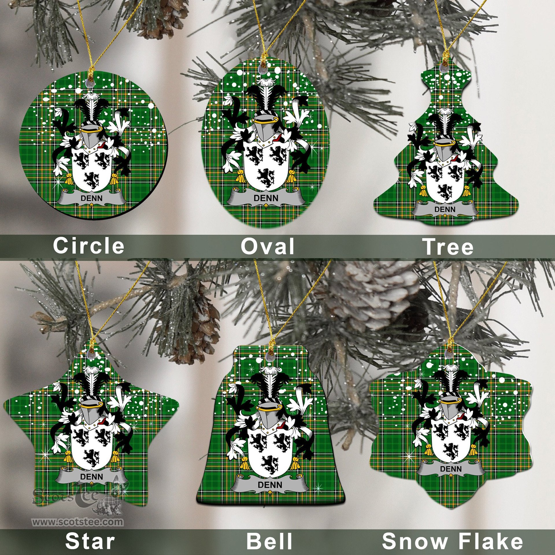 Irish Denn Family Crest Ireland National Tartan Christmas Ornament Shop Now at ScotsTee.com
