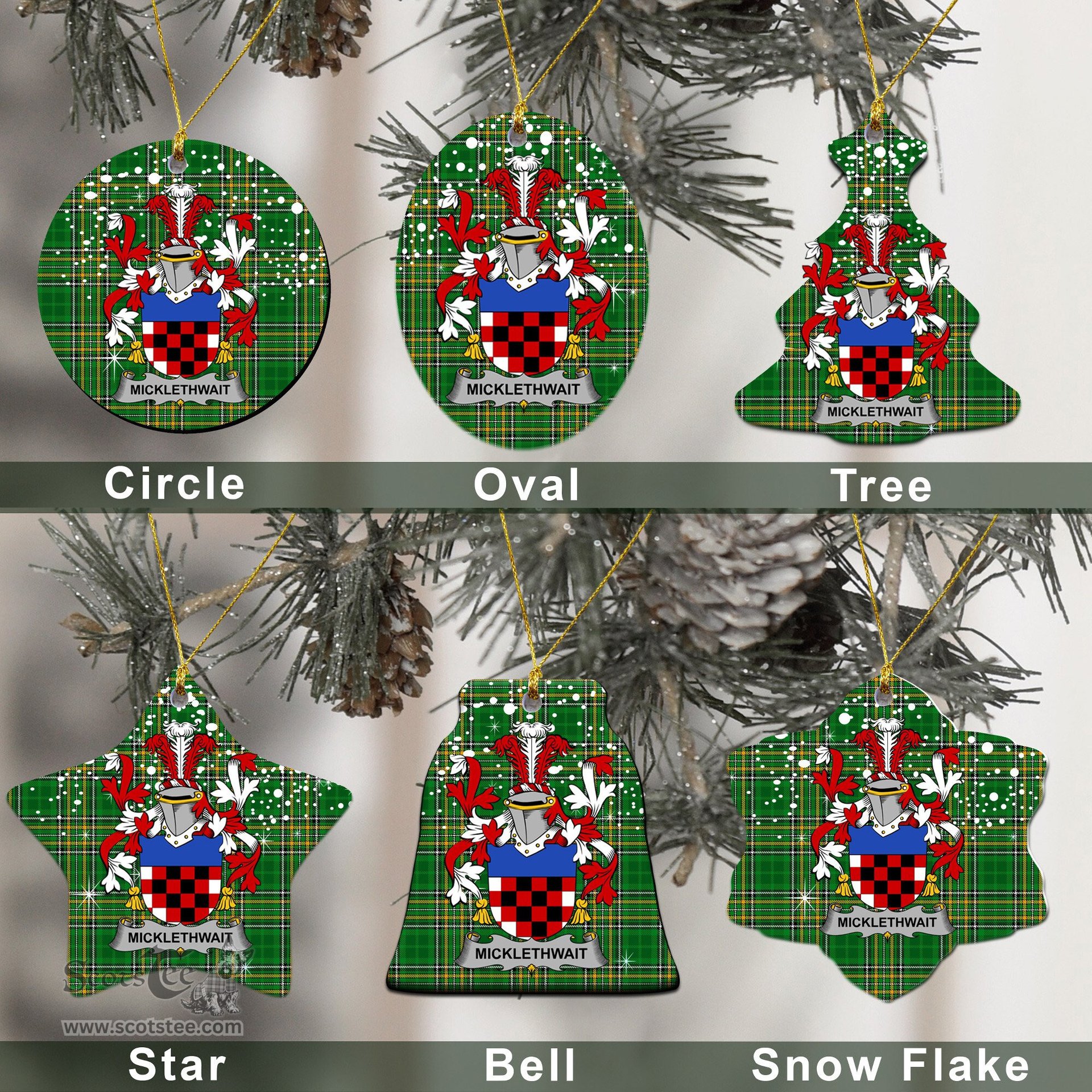 Irish Micklethwait Family Crest Ireland National Tartan Christmas Ornament Shop Now at ScotsTee.com