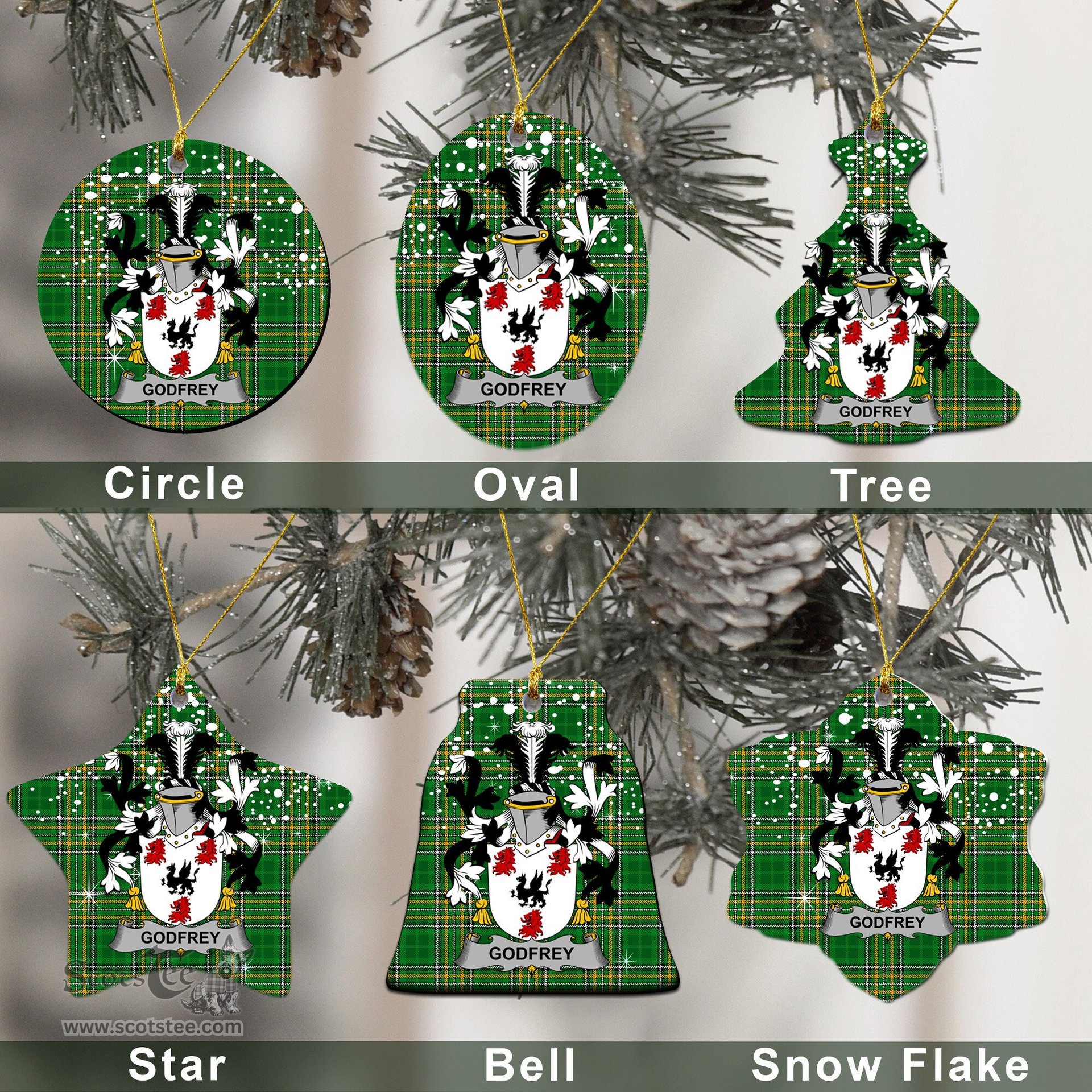 Irish Godfrey (of Bushfield) Family Crest Ireland National Tartan Christmas Ornament Shop Now at ScotsTee.com