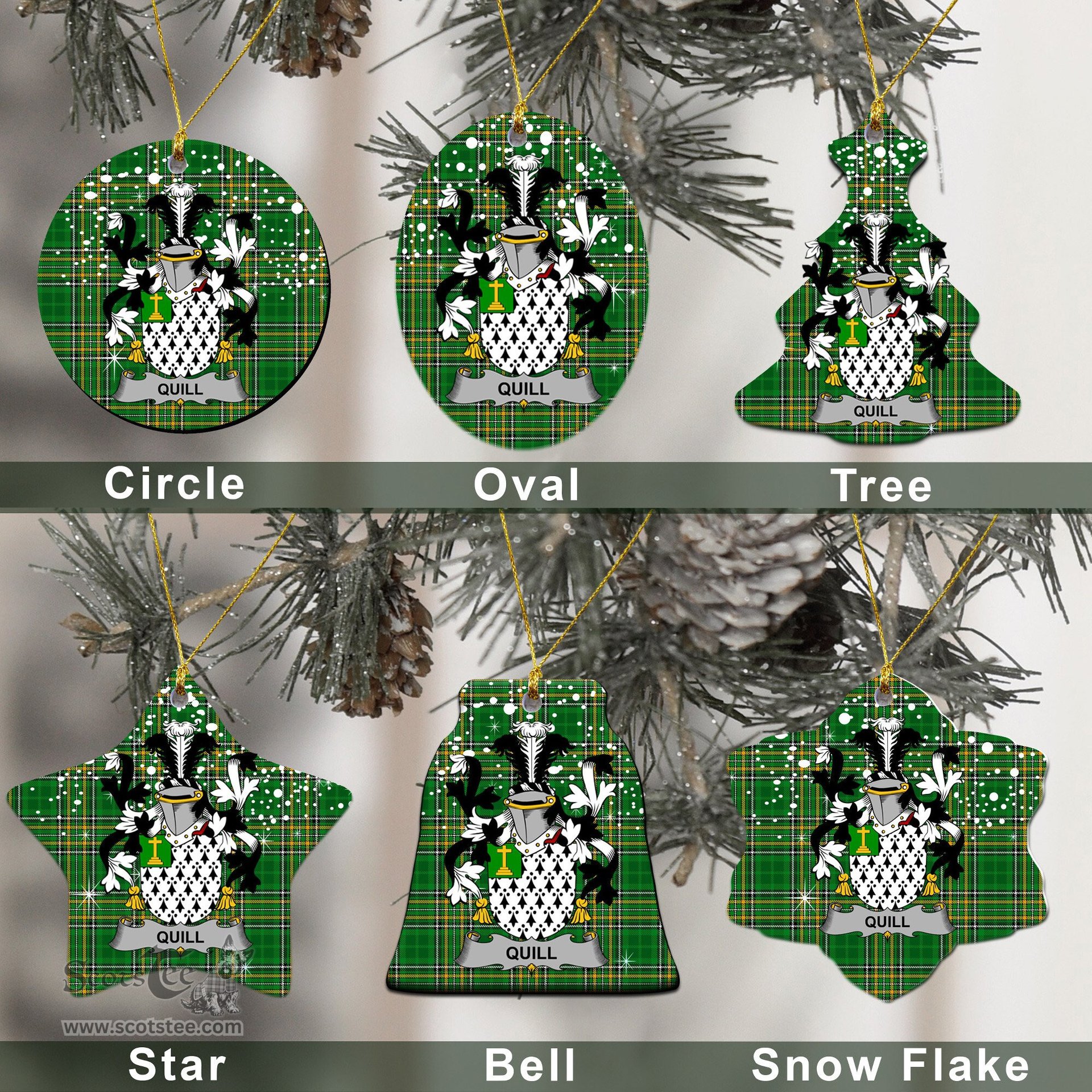 Irish Quill Family Crest Ireland National Tartan Christmas Ornament Shop Now at ScotsTee.com