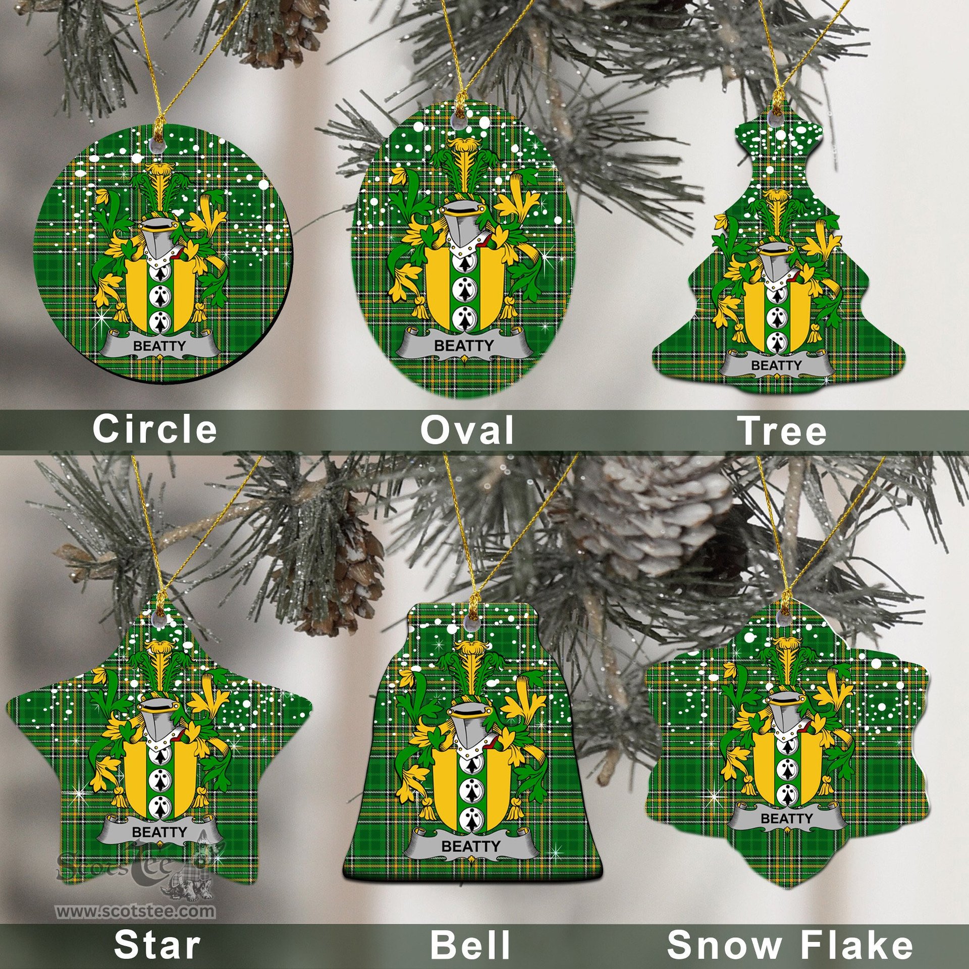 Irish Beatty or Betagh Family Crest Ireland National Tartan Christmas Ornament Shop Now at ScotsTee.com