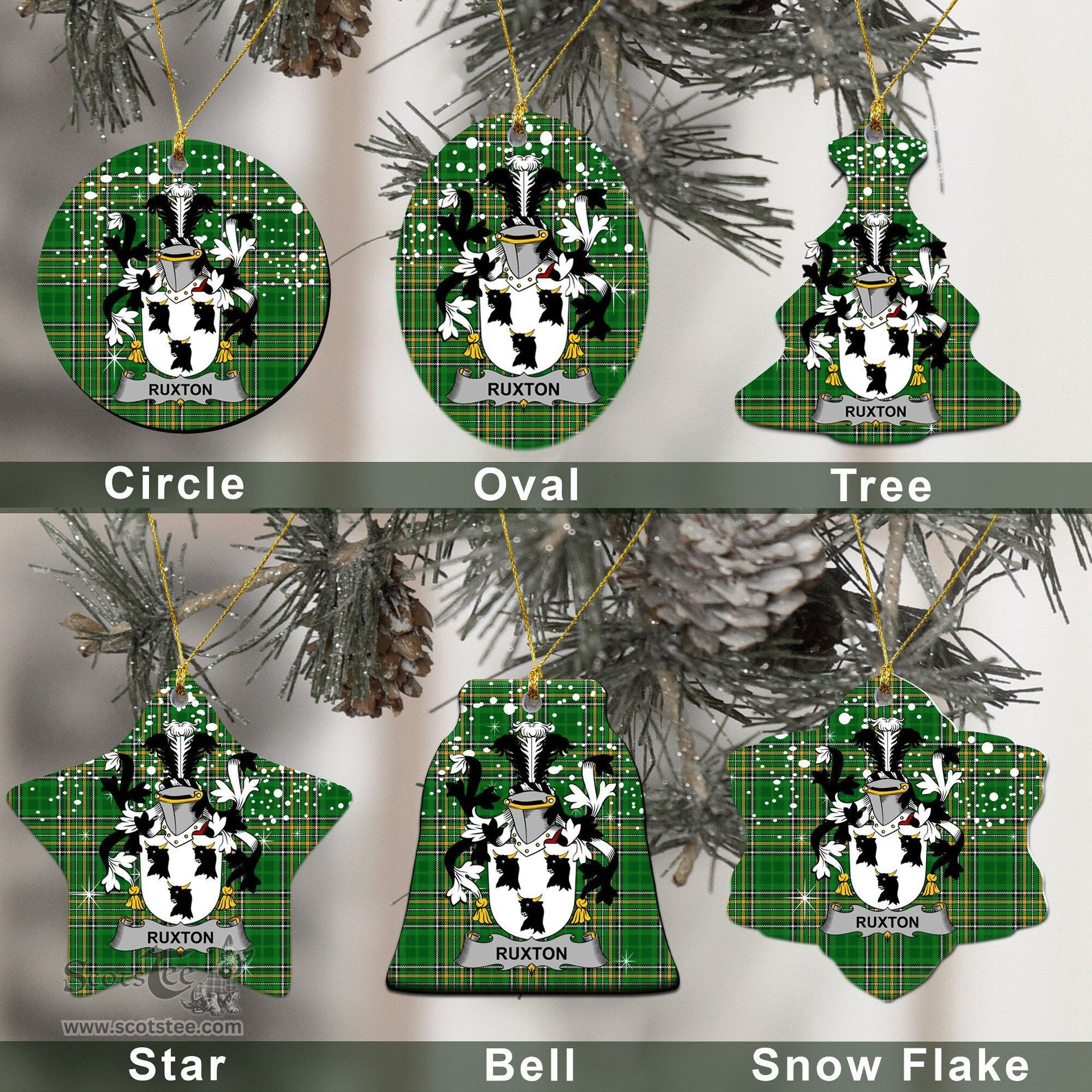 Irish Ruxton Family Crest Ireland National Tartan Christmas Ornament Shop Now at ScotsTee.com
