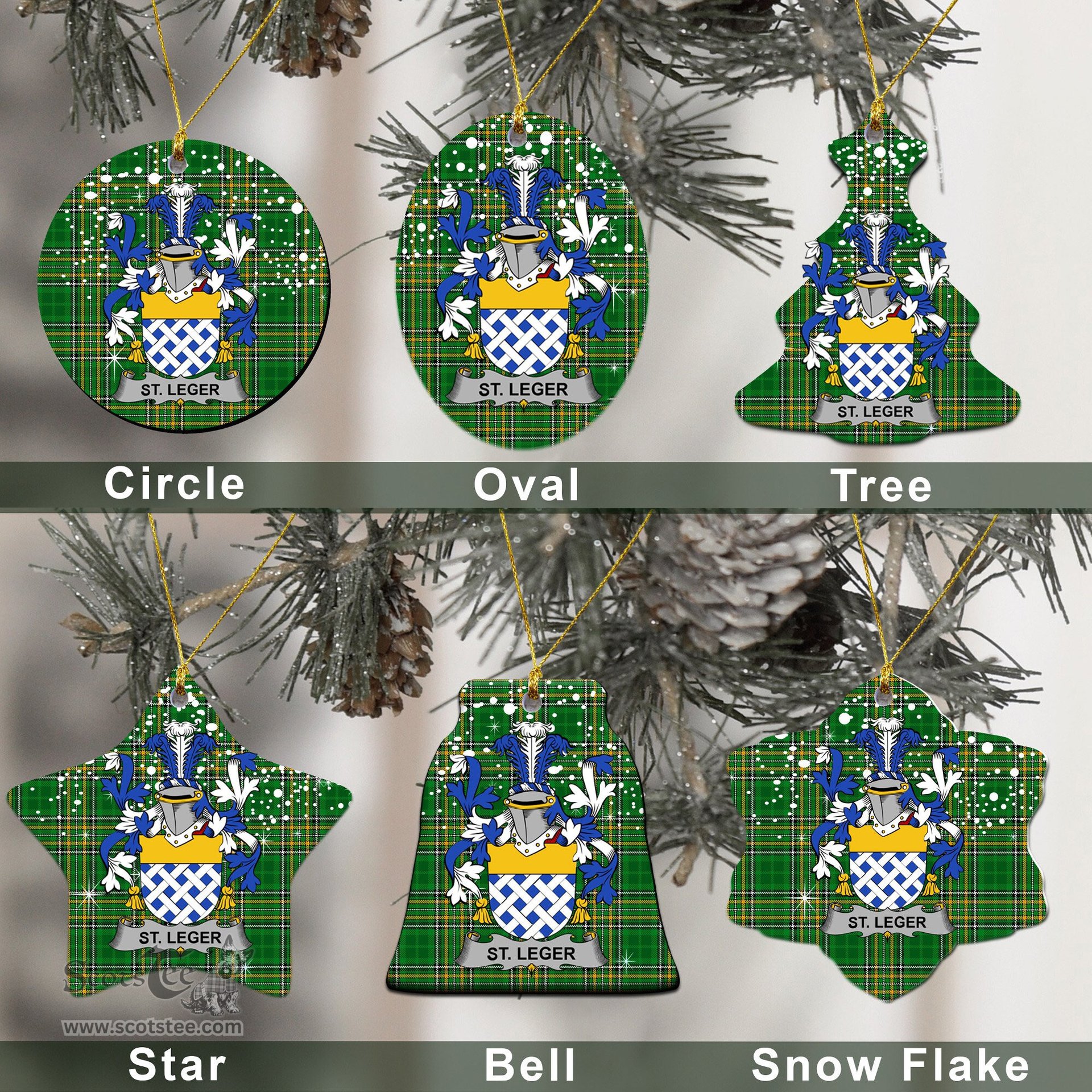 Irish St.Leger Family Crest Ireland National Tartan Christmas Ornament Shop Now at ScotsTee.com