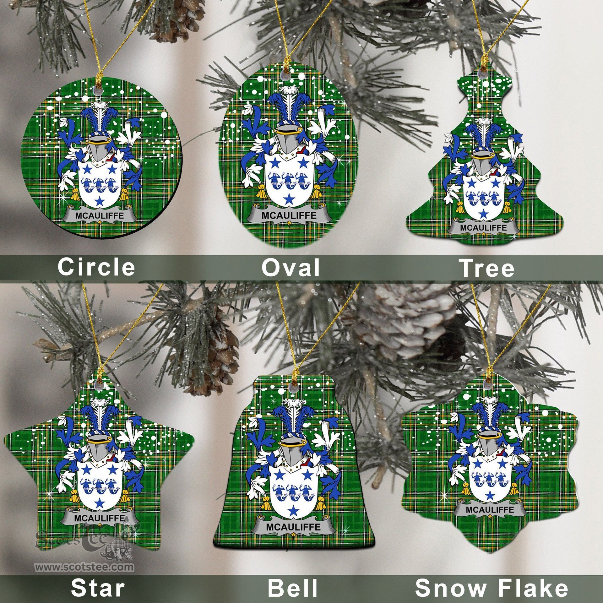 Irish McAuliffe Family Crest Ireland National Tartan Christmas Ornament Shop Now at ScotsTee.com